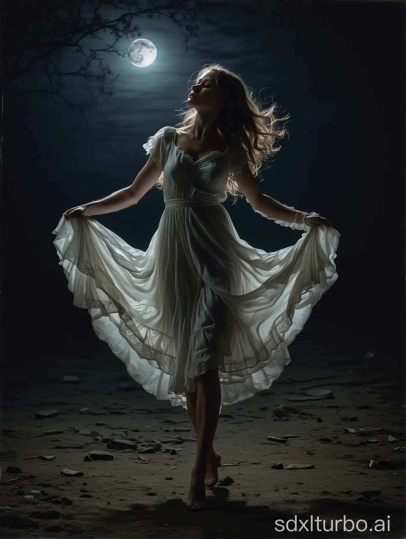 night darkness in the moonlight, dancing girl, from the fragments of life the hem is gathered, the semblance of true madness