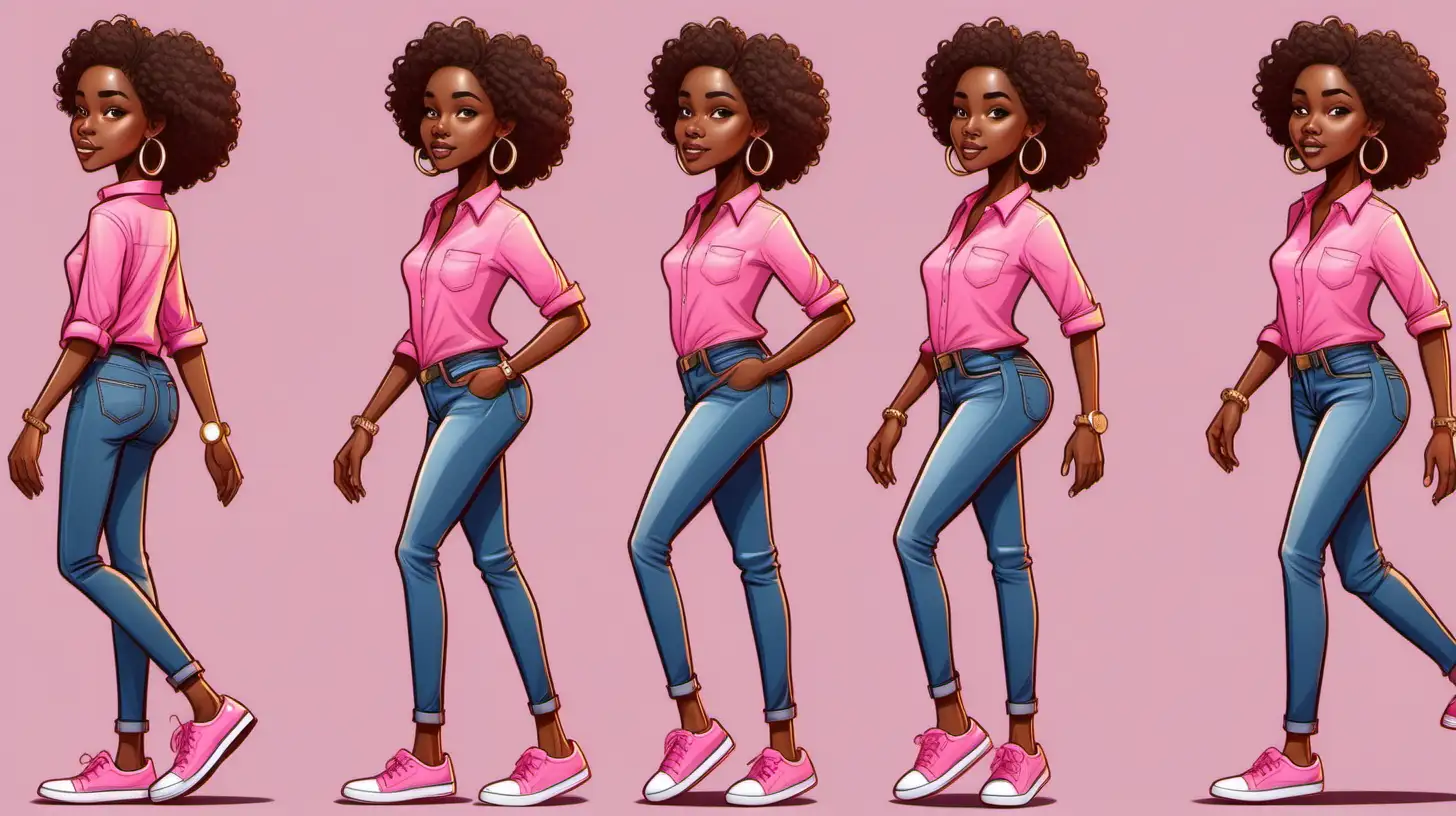 cartoon tall skinny beautiful african american dark brown colored woman with short wavy hair and gold hoop earrings wearing blue jeans and a pink shirt with pink and white shoes walking away different positions