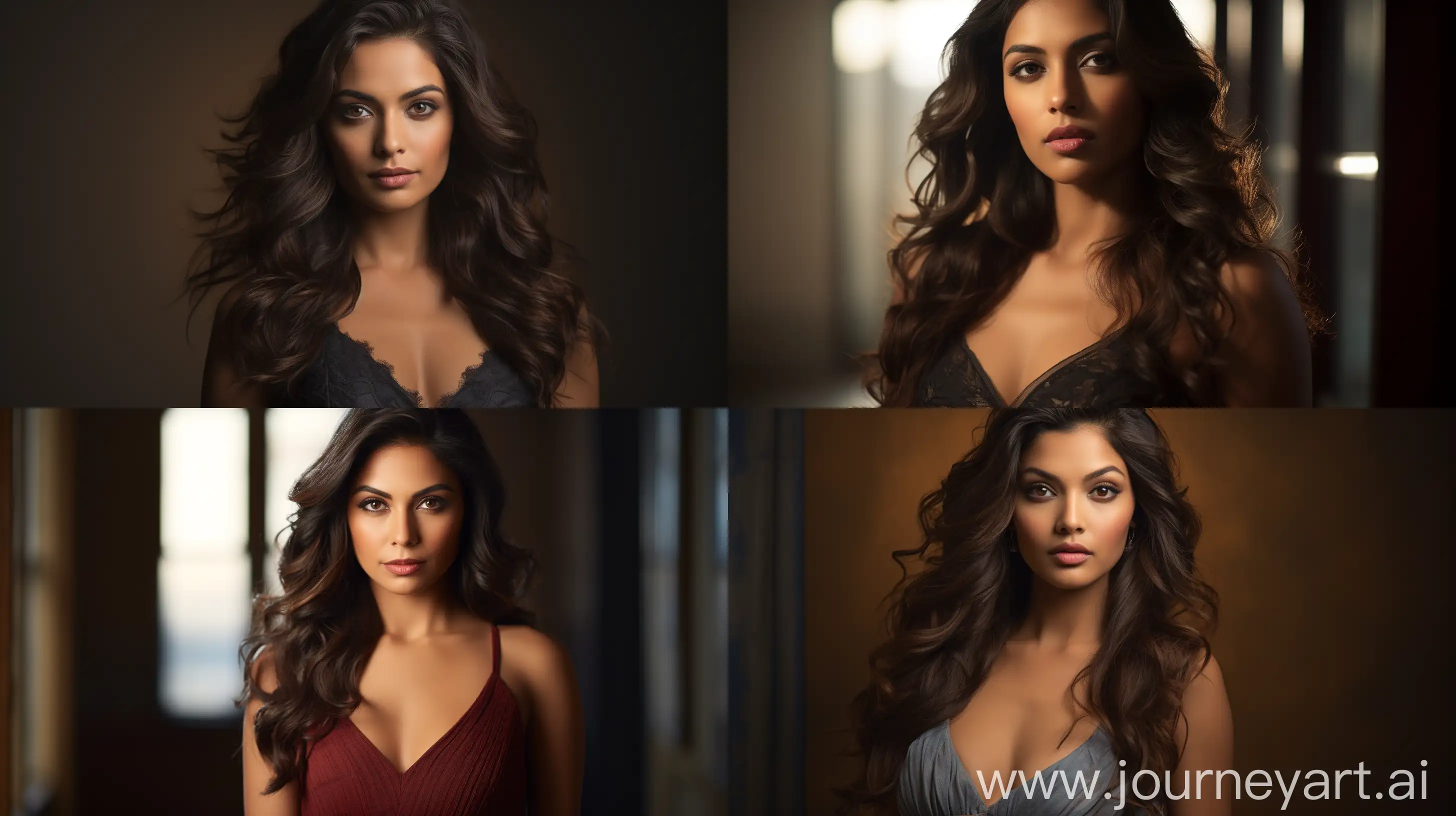 cinematic portrait of a Indian woman in her late 20s or early 30s, gracefully curvy figure, balanced symmetrical face, clear radiant complexion with a sun-kissed glow, thick lustrous hair in loose waves or soft curls, rich brown or black hair, deep-set expressive eyes, intense gaze, dark brown or hazel eyes, elegant attire, flowing dress or classic blouse and tailored pants, minimal jewelry, delicate pendant necklace or small earrings, serene composed expression with a hint of a knowing smile, soft dramatic lighting, natural background, high resolution, captured with Phantom High-Speed Camera --ar 16:9 --v 5.2