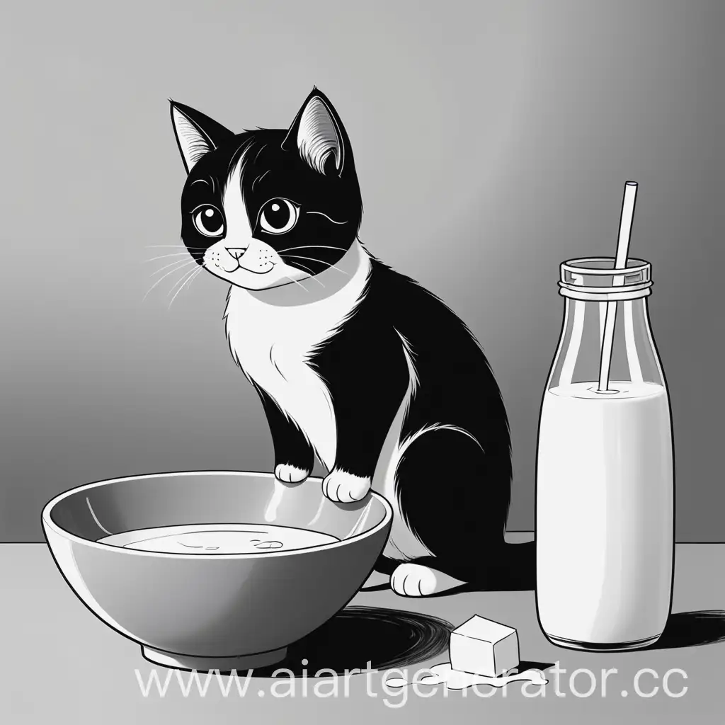 милая кошка, сидит рядом с миской молока, простой детский рисунок, для детской книги чб