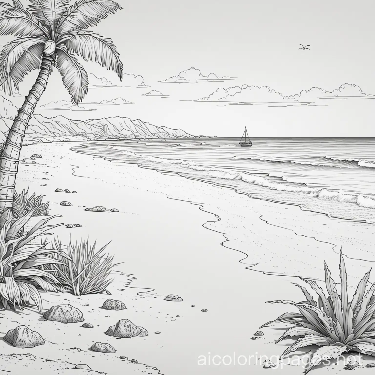 a Kids beach holiday scene, Coloring Page, black and white, line art, white background, Simplicity, Ample White Space. The background of the coloring page is plain white to make it easy for young children to color within the lines. The outlines of all the subjects are easy to distinguish, making it simple for kids to color without too much difficulty