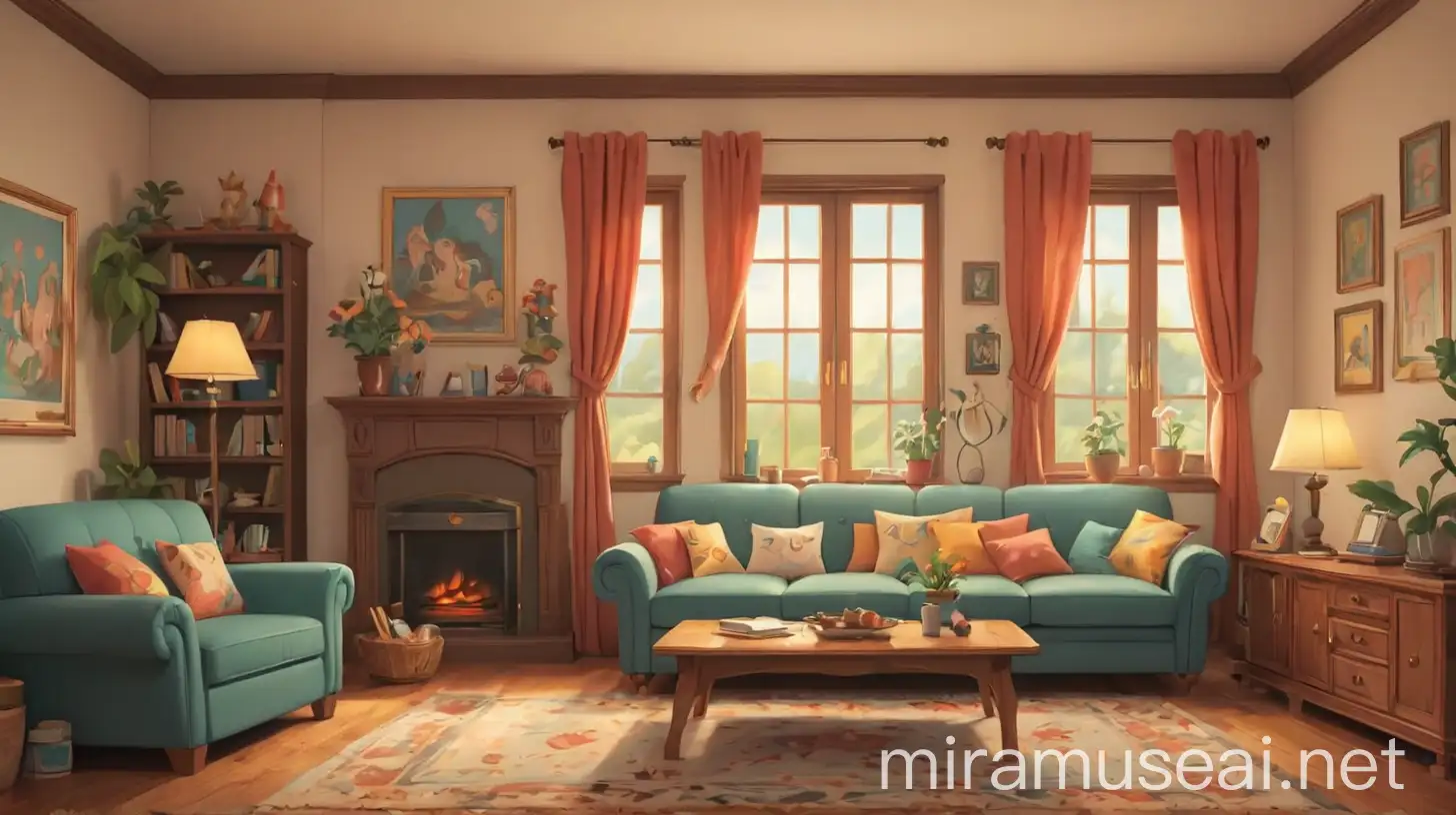 2D cartoon, beautiful living room