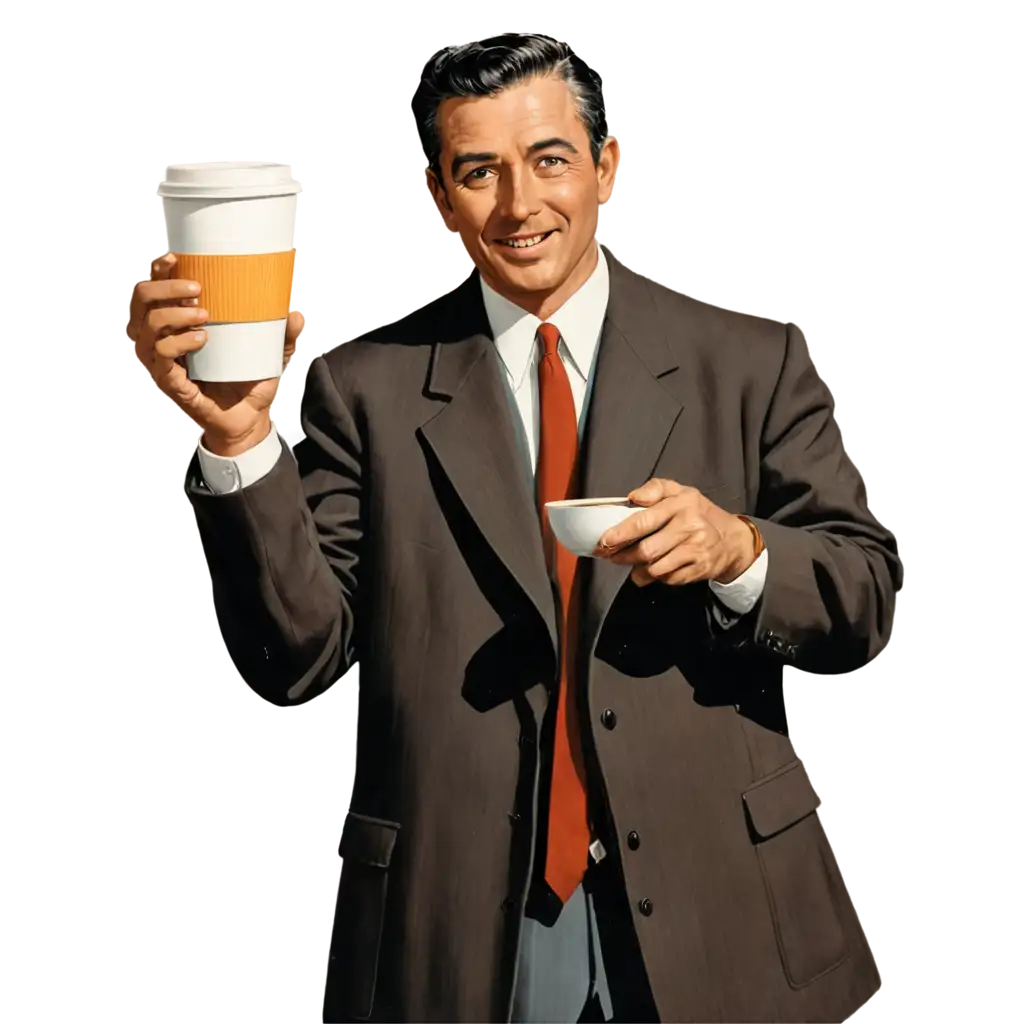 vintage and retro illustration of man holds coffee, close up
