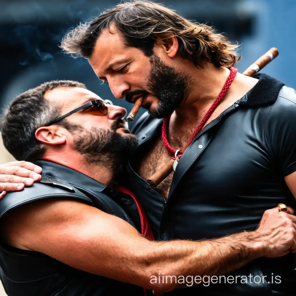 a manly ruggedly handsome Matteo Salvini smoking a big cigar muscled and bearded bound tied handcuffed hit by two men hanging to a pole, red leather tight dressed wearing glasses