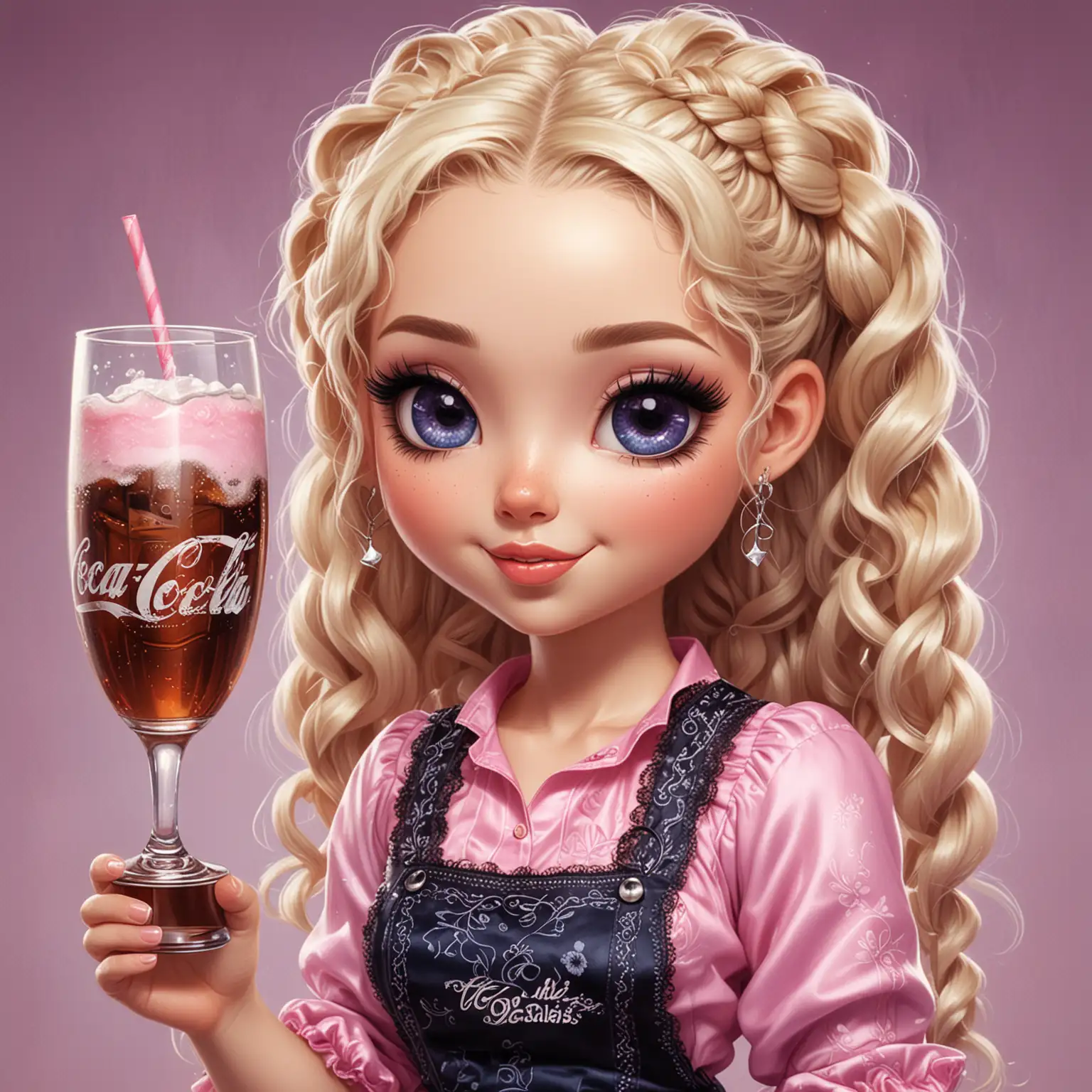 a glossy oil painting chibi manga style white caucasian woman, standing enjoying a glass of coke, with textured cascading long blonde curly goddess braids, flawless neutral makeup with heavy eyeliner and thick long black lashes, wearing pink blue purple silk lace jumpsuit, with the words 'Smile' { spelled correctly} in a bubble above her head