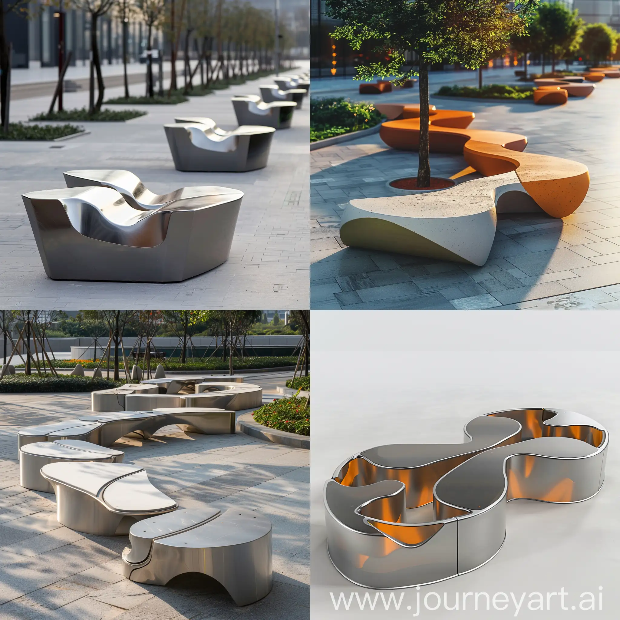 Design modular seating for urban parks and busy public spaces with a minimalist and Bauhaus-inspired style, incorporating symbolic elements of nature. The seating should feature geometric shapes with fluid curves, constructed from stainless steel or powder-coated aluminum. Modules should measure 1 meter x 1 meter and be customizable for different configurations. Use neutral tones with warm and cool color accents, and include interactive elements like movable backrests. The design should be durable, flexible, and visually engaging, suitable for global use. Form & Shape:Geometric shapes with fluid curves representing water.
Structural elements symbolizing earth for stability.
Structure:Made from metal rods and sheets.
Modular components that fit together seamlessly.
Dimensions:Standard module size: 1 meter x 1 meter, customizable for various configurations.
Materials:Stainless steel or powder-coated aluminum.
Color:Neutral tones with accents representing fire (warm colors) and air (cool colors).
Features:Modular Flexibility: Can be reconfigured easily.
Interactive Elements: Movable backrests or seats.
Location:Urban parks, plazas, busy public spaces.