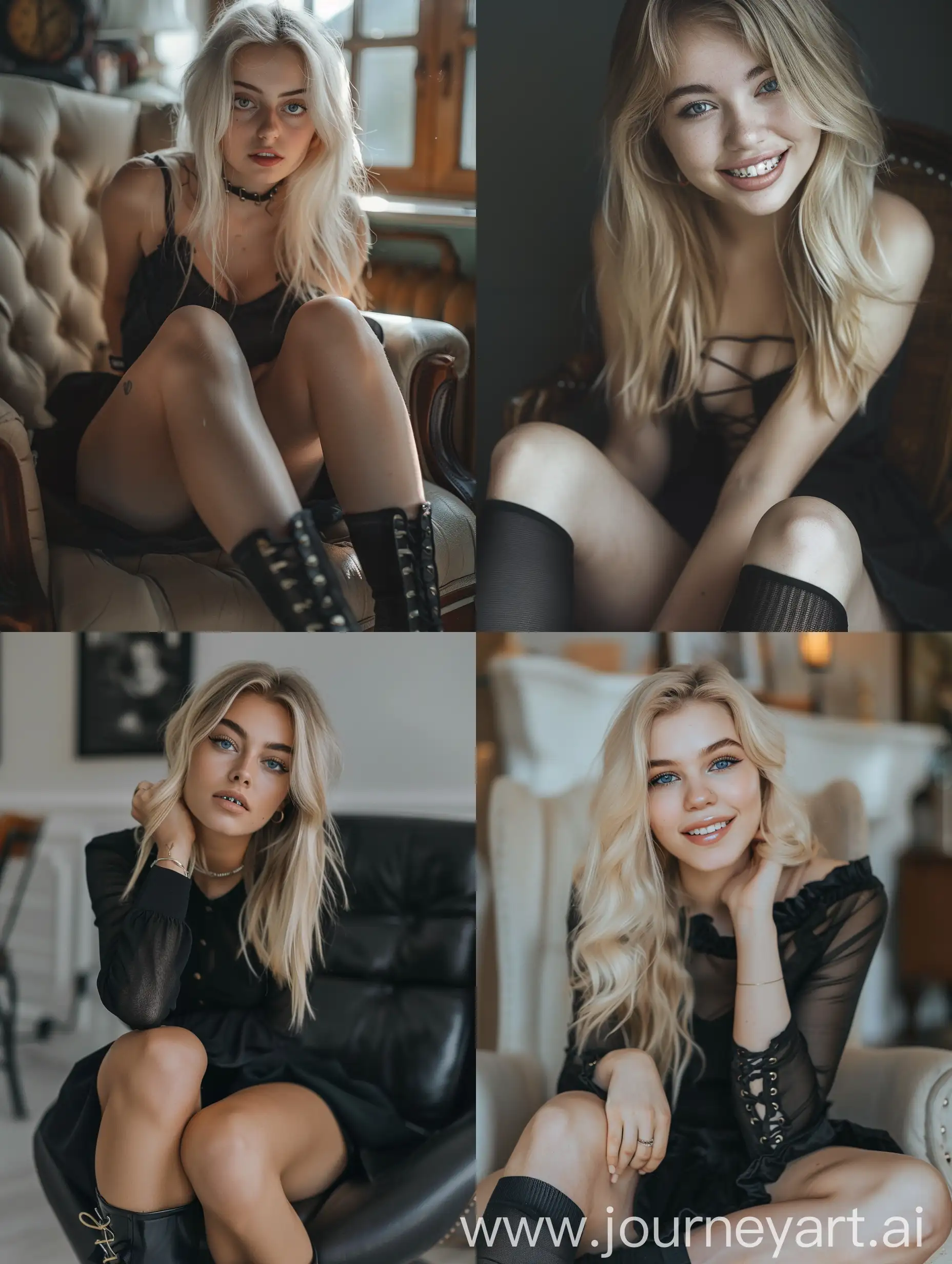 a blonde young woman, 20 years old, influencer, beauty, black dress, makeup,, ,, black boots, ,sitting, ,fat legs, , socks and boots, 4k, sitting onchair, dental braces, blue eye,
, , smiling, close up, front view