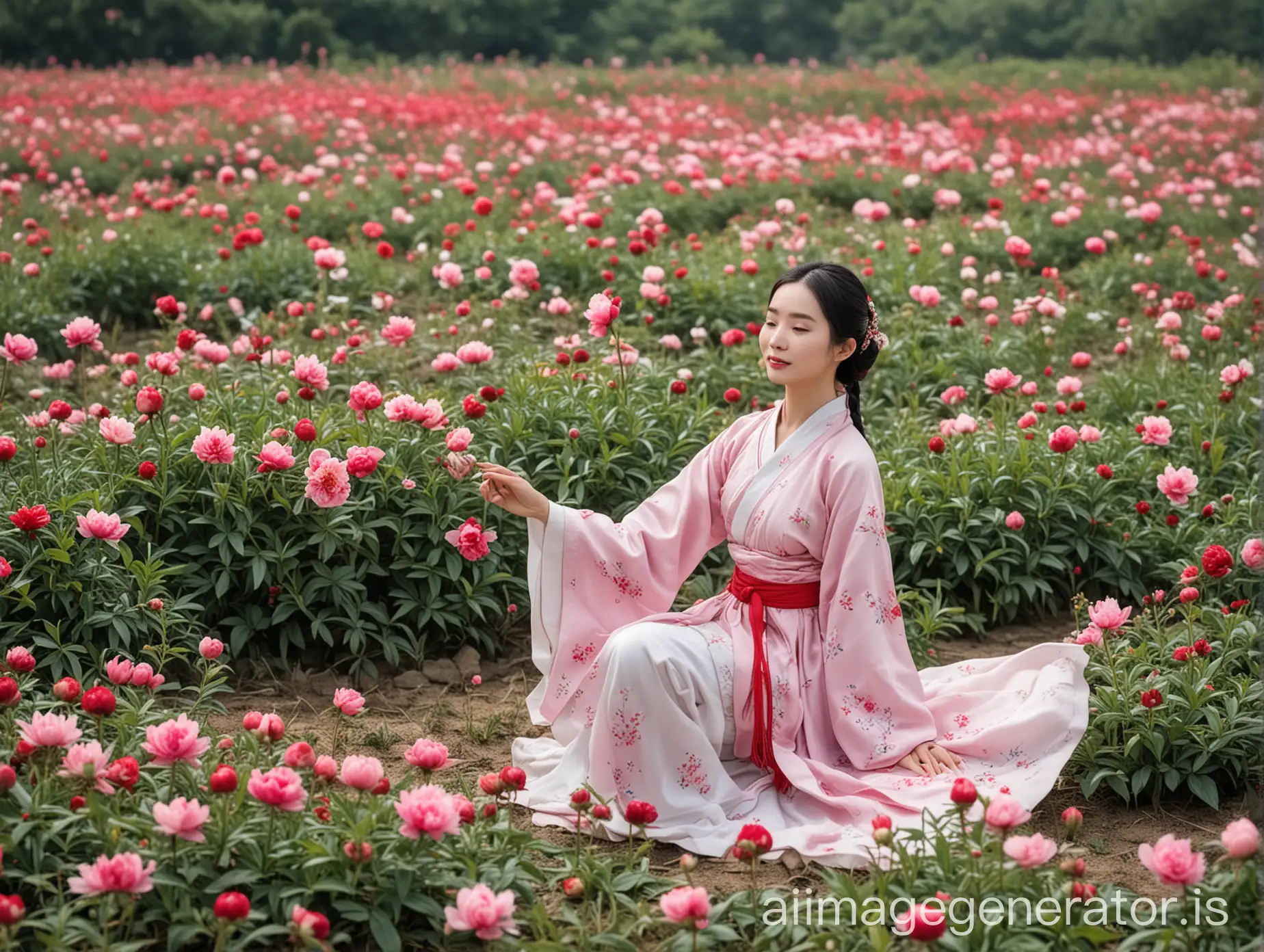 peony field has a woman in Hanfu picking flowers