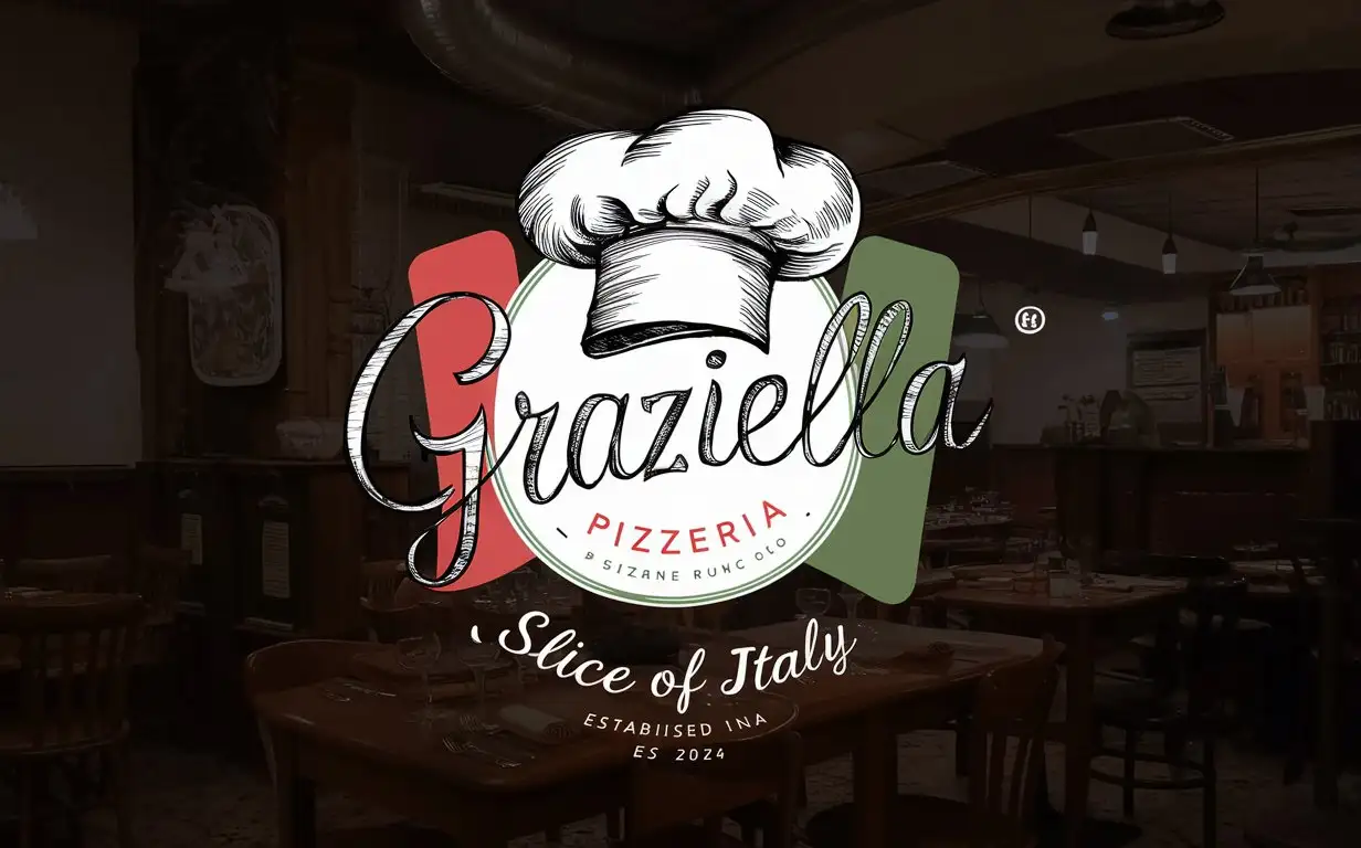 Handwriting Graziella Pizzeria logo, Italian colors ,Sketched chef's Hat, Slogan, Slice of Italy, EST 2024, Cozy restaurant atmosphere