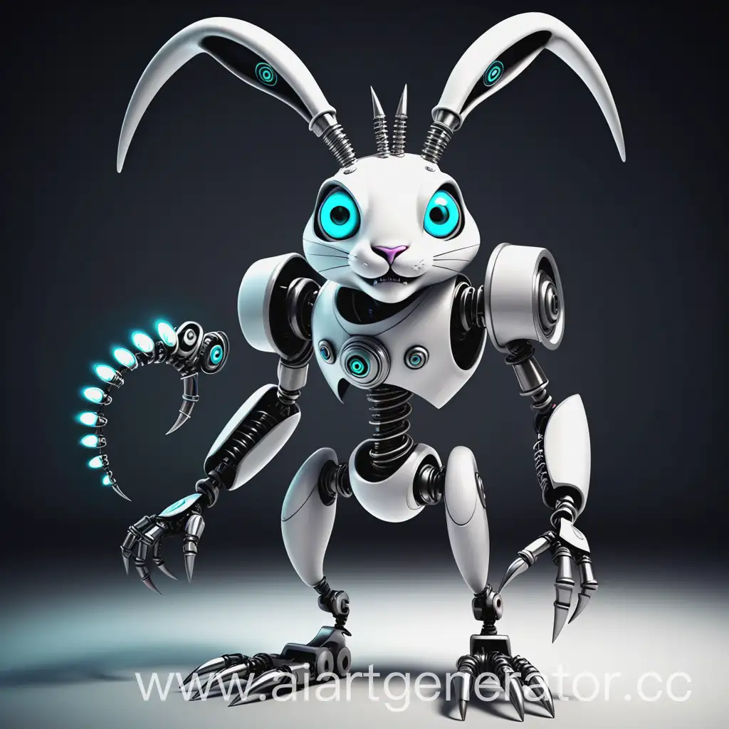 "Create a character named Mozmo, who is an eccentric and brutal mascot combining cute animal traits with aggressive robotic features. He has spiral hypnotic eyes that glow and change colors. His body is robotic with rough metallic plates and visible wires, giving him a fierce appearance. Mozmo has large, flexible ears like a rabbit's but with metal inserts, and four powerful legs that combine animalistic elements with mechanical claws. His long tail ends in a flexible metal spiral tip. Add brutal details such as spikes or armor to enhance his bold and eccentric look."