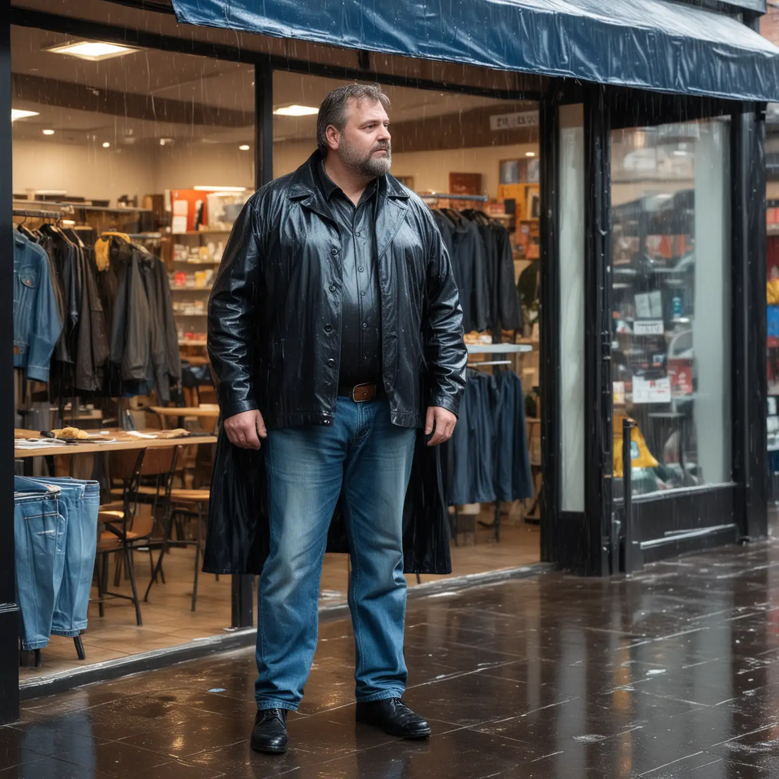 Middle age large man dress in a black leather and blue jeans under a store awning during a rainstorm