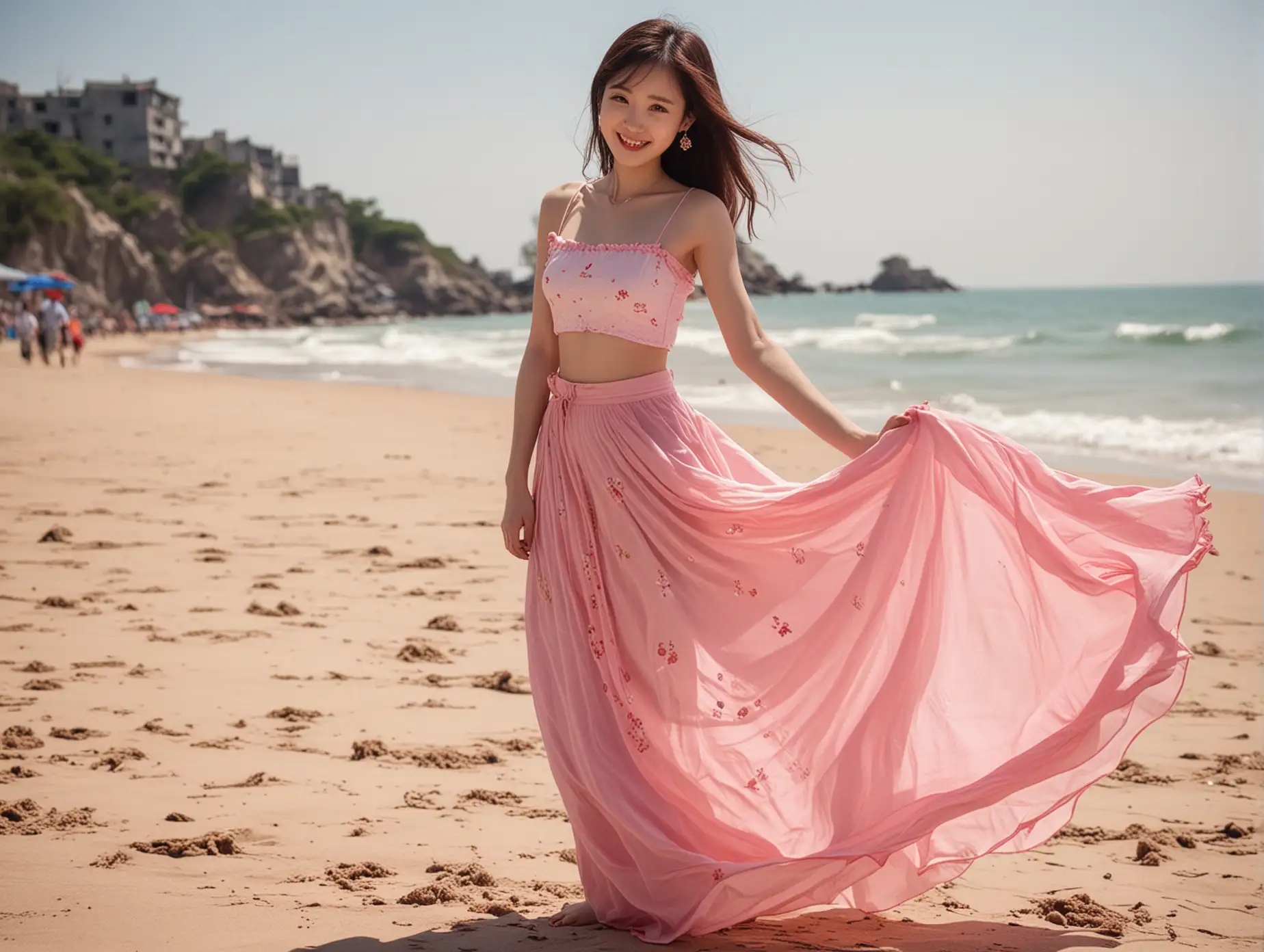 Chinese girl, slender waist, pink long skirt, smile, beach, sunlight, long legs