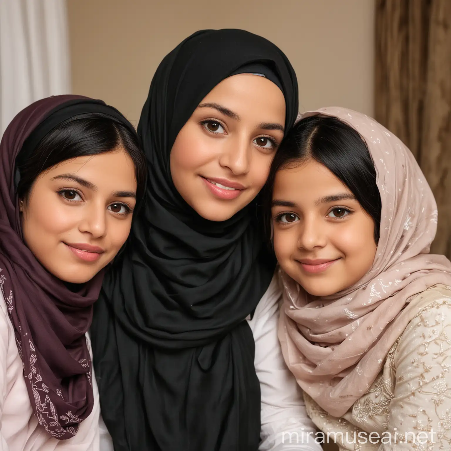 A forty-year-old woman wearing a hijab surrounded by her two daughters, the eldest daughter is twenty years old and the youngest daughter is fourteen years old with black hair, in a beautiful family atmosphere.