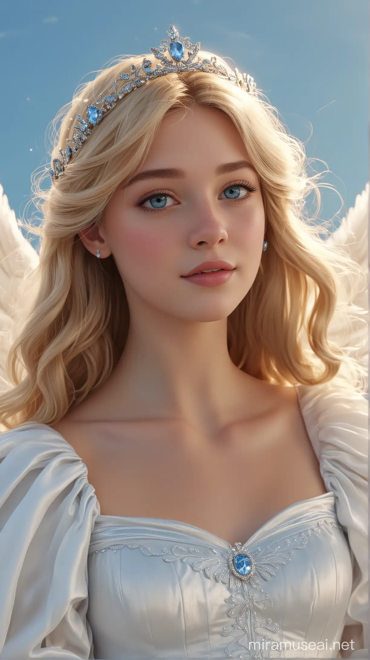in the sky natural background  there are disney princess  Cinderella France 18-years and long wavy blonde hair with bangs and blue eyes and celestial white dress and with large white angel wings face beautiful 8k re solution ultra-realistic