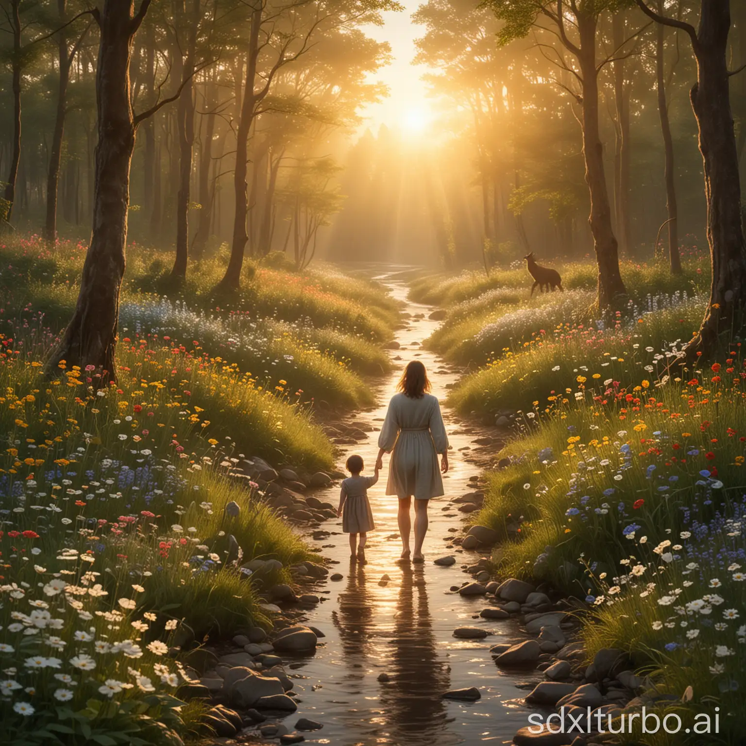 母亲一只手带着一个孩子走向太阳升起的远方，背影视角，沿途有鲜花，森林，小溪。还有可能的动物。