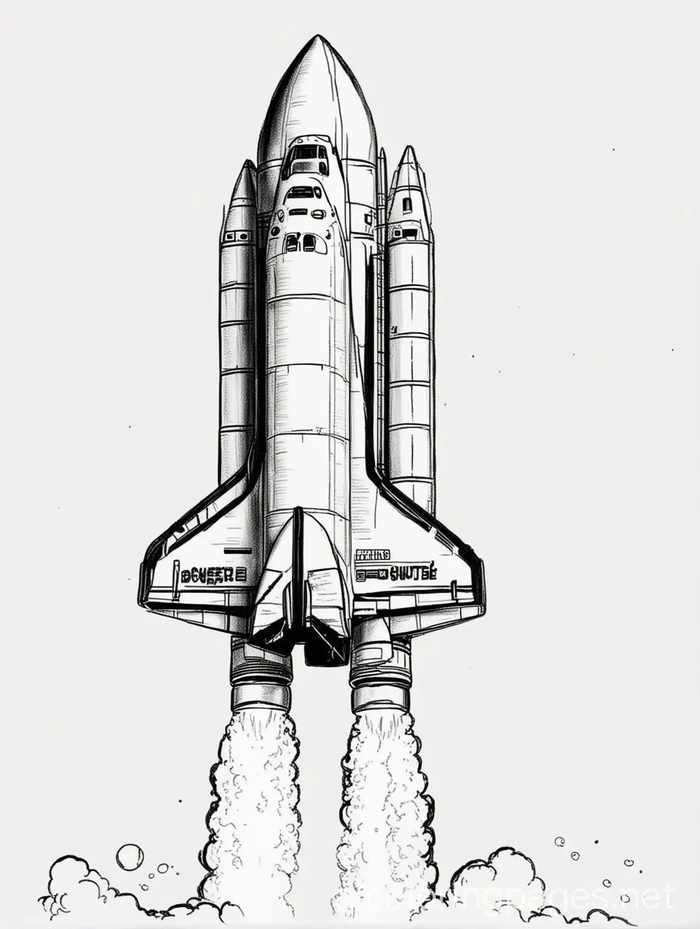 A space shuttle launching into orbit from a space center, coloring page, black and white, line art, white background, Simplicity, Ample White Space. The background of the coloring page is plain white to make it easier for children to color within the lines. The outlines of all the subjects are easy to distinguish, making it simple for kids to color., Coloring Page, black and white, line art, white background, Simplicity, Ample White Space. The background of the coloring page is plain white to make it easy for young children to color within the lines. The outlines of all the subjects are easy to distinguish, making it simple for kids to color without too much difficulty