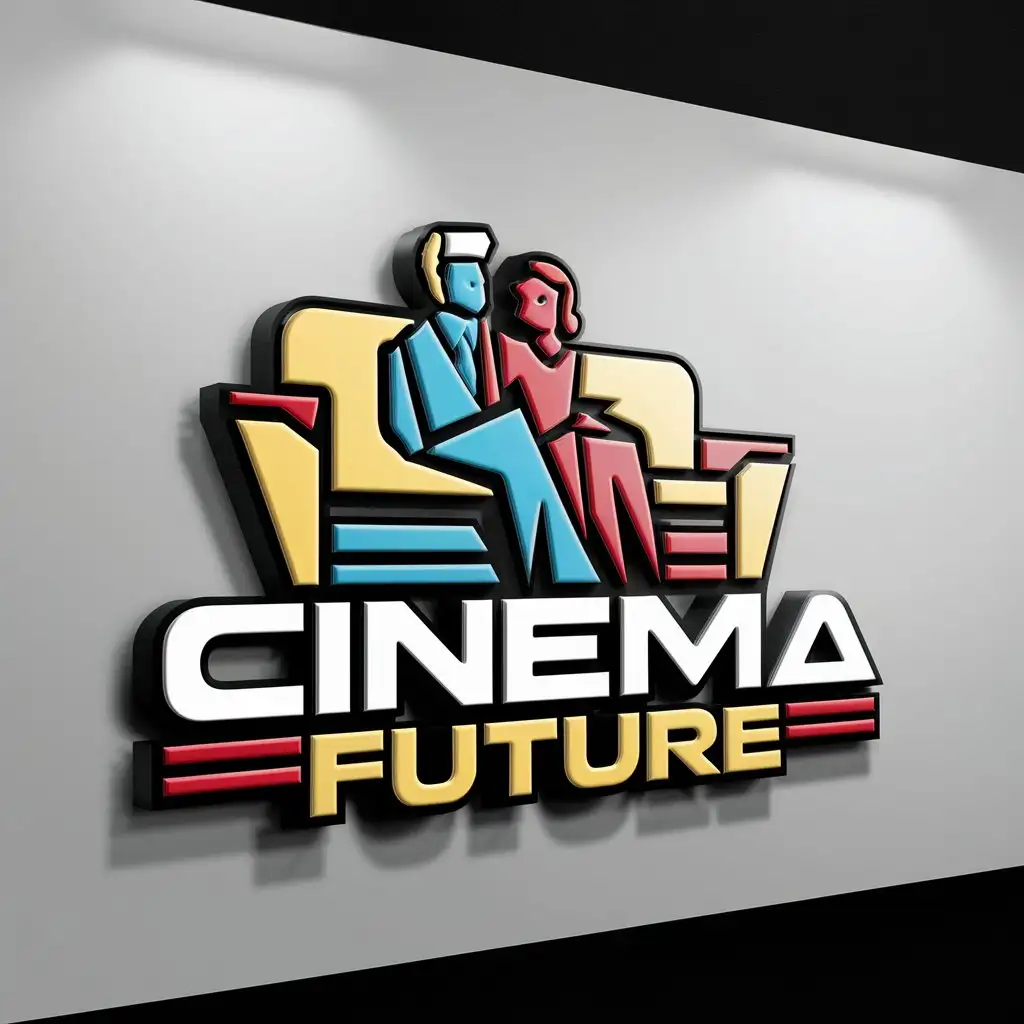 Логотип кинотеатра Cinema Future. На диване должны сидеть парень и девушка, полностью векторный стиль. На белом фоне, красочно