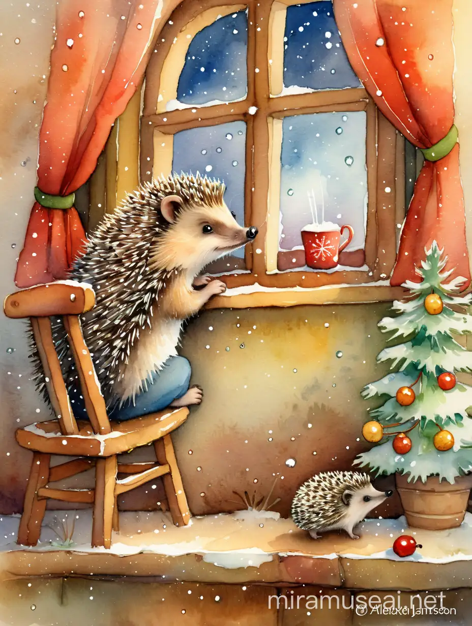 Adorable Hedgehog Gazing Through Window in Winter Wonderland Watercolor by Alexander Jansson