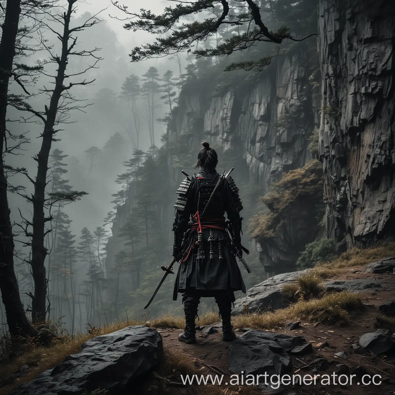 Темный мрачный лес на заднем плане на переднем плане на краю обрыва стоит самурай с катаной в ножнах