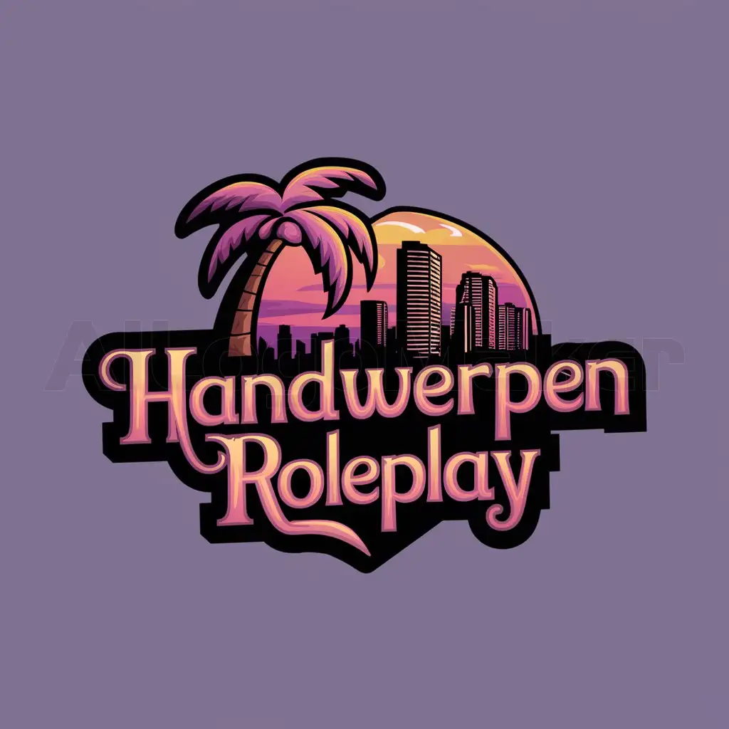 a logo design,with the text "Handwerpen Roleplay", main symbol:a logo design,with the text 'Handwerpen Roleplay', main symbol:palm tree and downtown miami, purple and pink color matching sunset background, and more classic font gta vice city style roleplay fivem, colorful text,Moderate,clear background,complex,be used in Technology industry,clear background