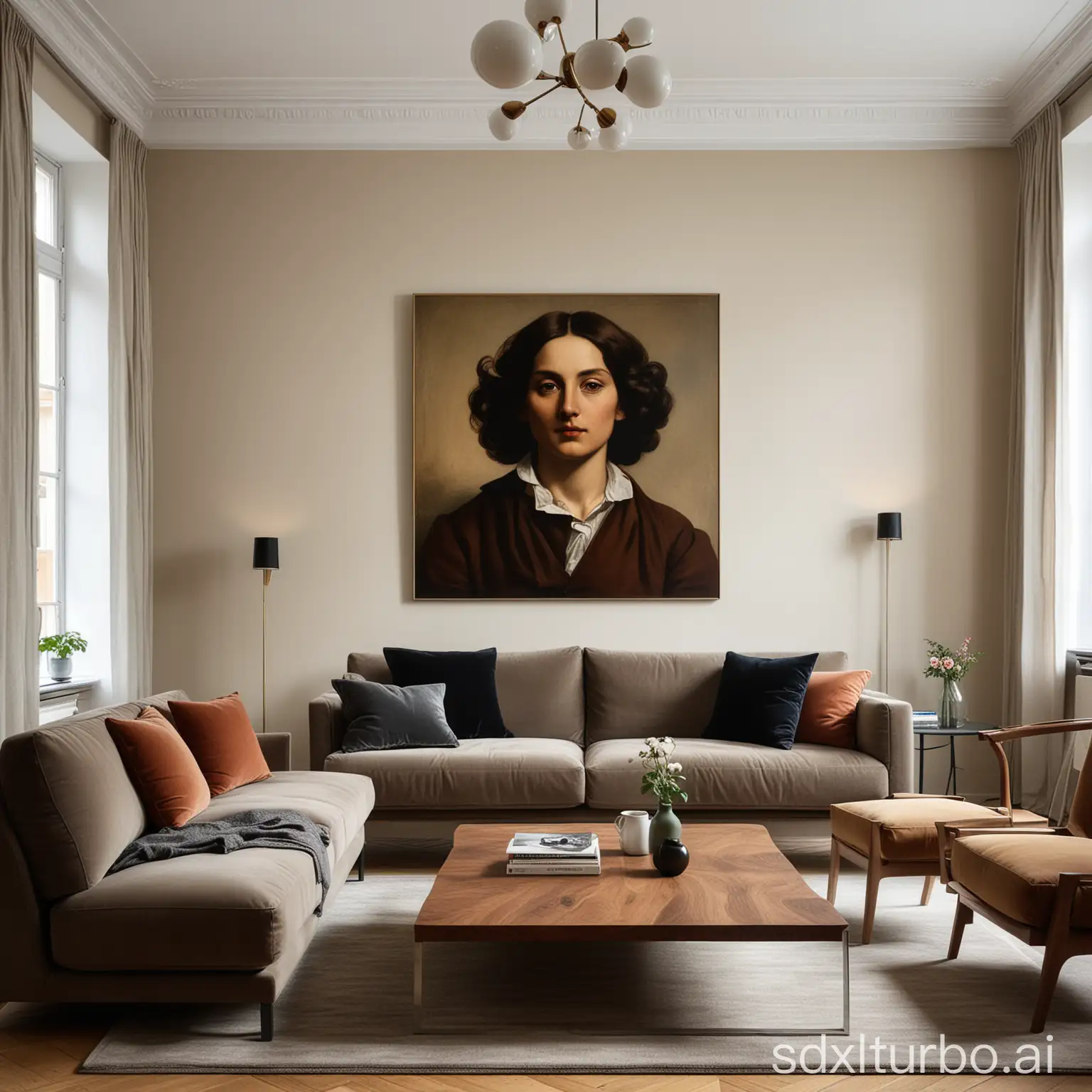cosy elegant modern berlin apartment livingroom, modern design furniture, art by Gustave Courbet on the wall