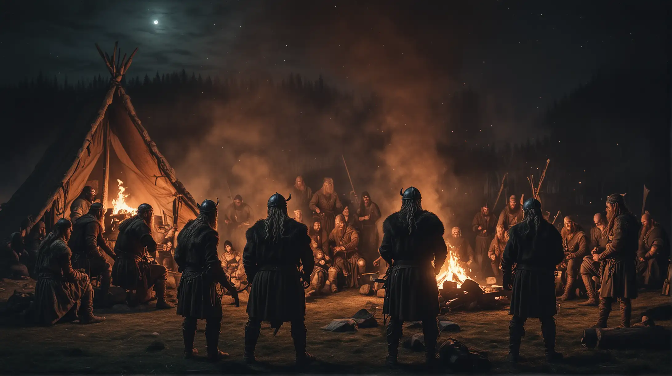 viking warriors meetings at night around a fire