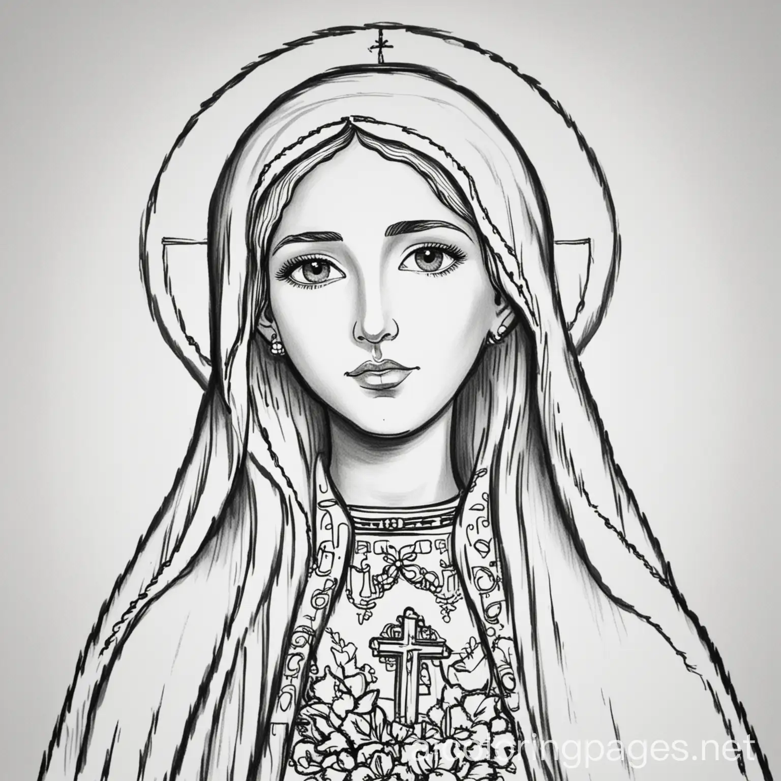 Our lady of fatima, Coloring Page, black and white, line art, white background, Simplicity, Ample White Space. The background of the coloring page is plain white to make it easy for young children to color within the lines. The outlines of all the subjects are easy to distinguish, making it simple for kids to color without too much difficulty