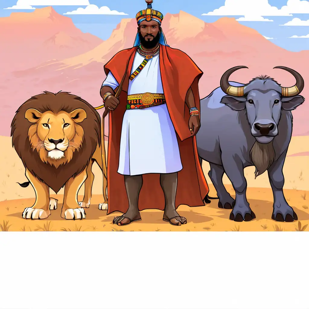 Malian King with Lion and Cape Buffalo Majestic Ruler in Wildlife Encounter