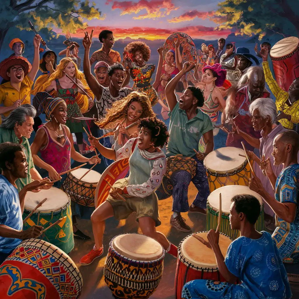 A lively African drum circle with traditional music and dancing.