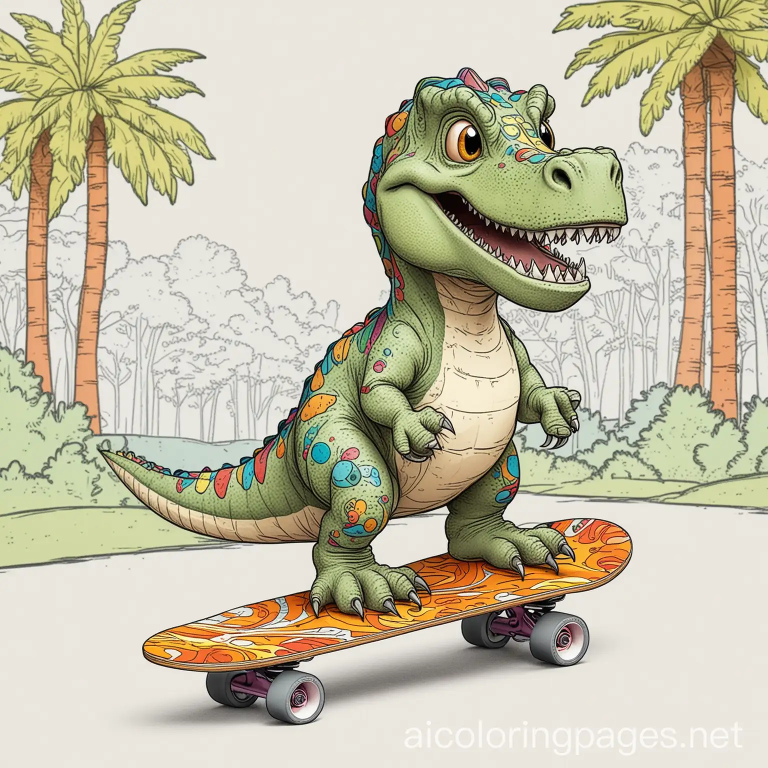 A colored in drawing of a dinosaur on a skateboard smiling. A park is behind him. Vivid colours. Like a child colored it in, Coloring Page, black and white, line art, white background, Simplicity, Ample White Space. The background of the coloring page is plain white to make it easy for young children to color within the lines. The outlines of all the subjects are easy to distinguish, making it simple for kids to color without too much difficulty