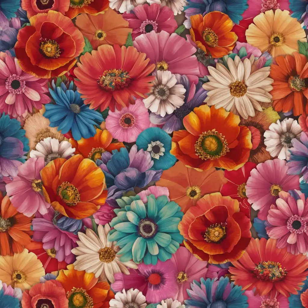 seamless multi color poppy flowers, daisy, peonies pattern, create depths in colors
