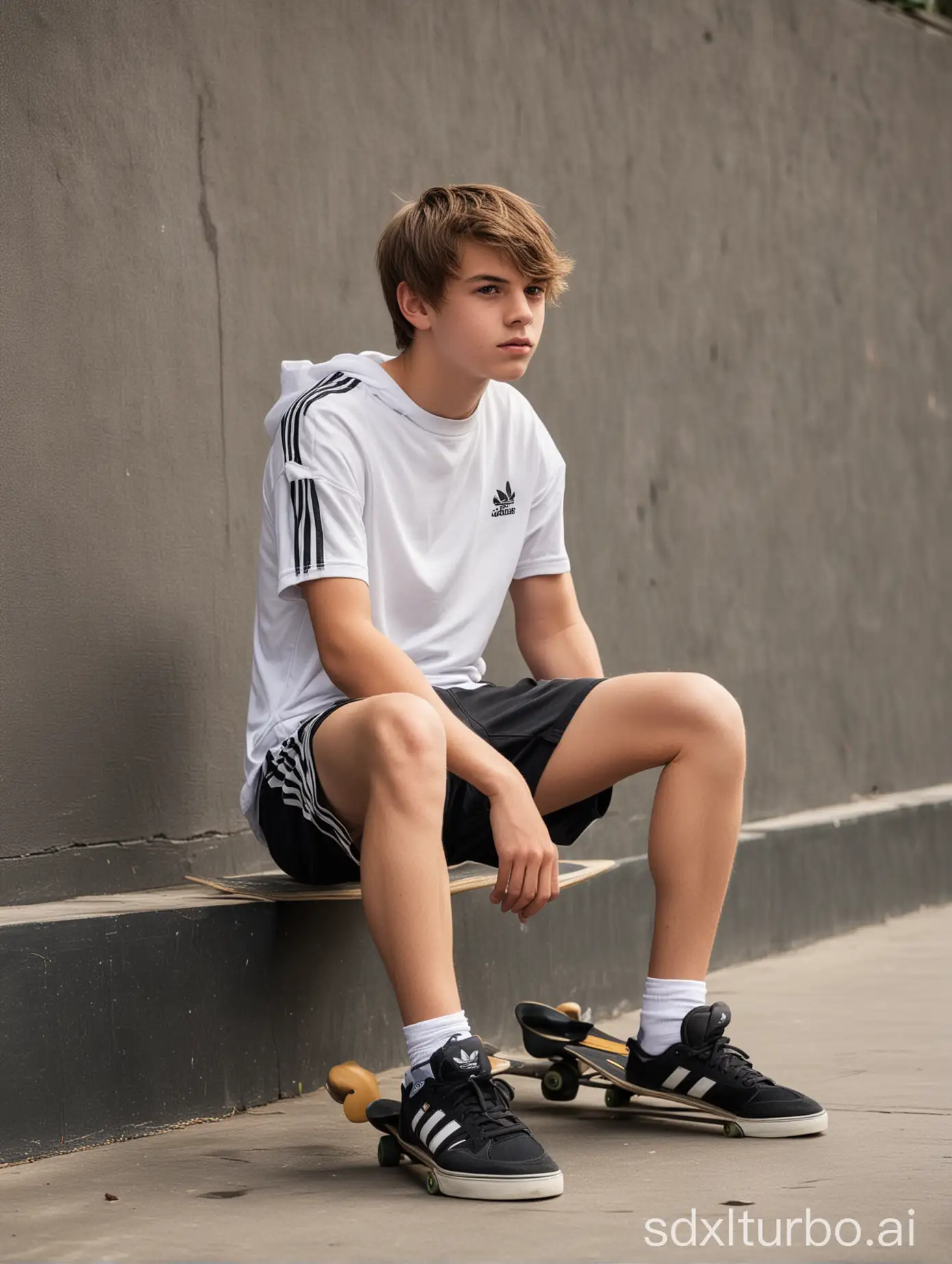 teen boy with strong legs and thighs in very tight adidas shorts sits on skateboard
