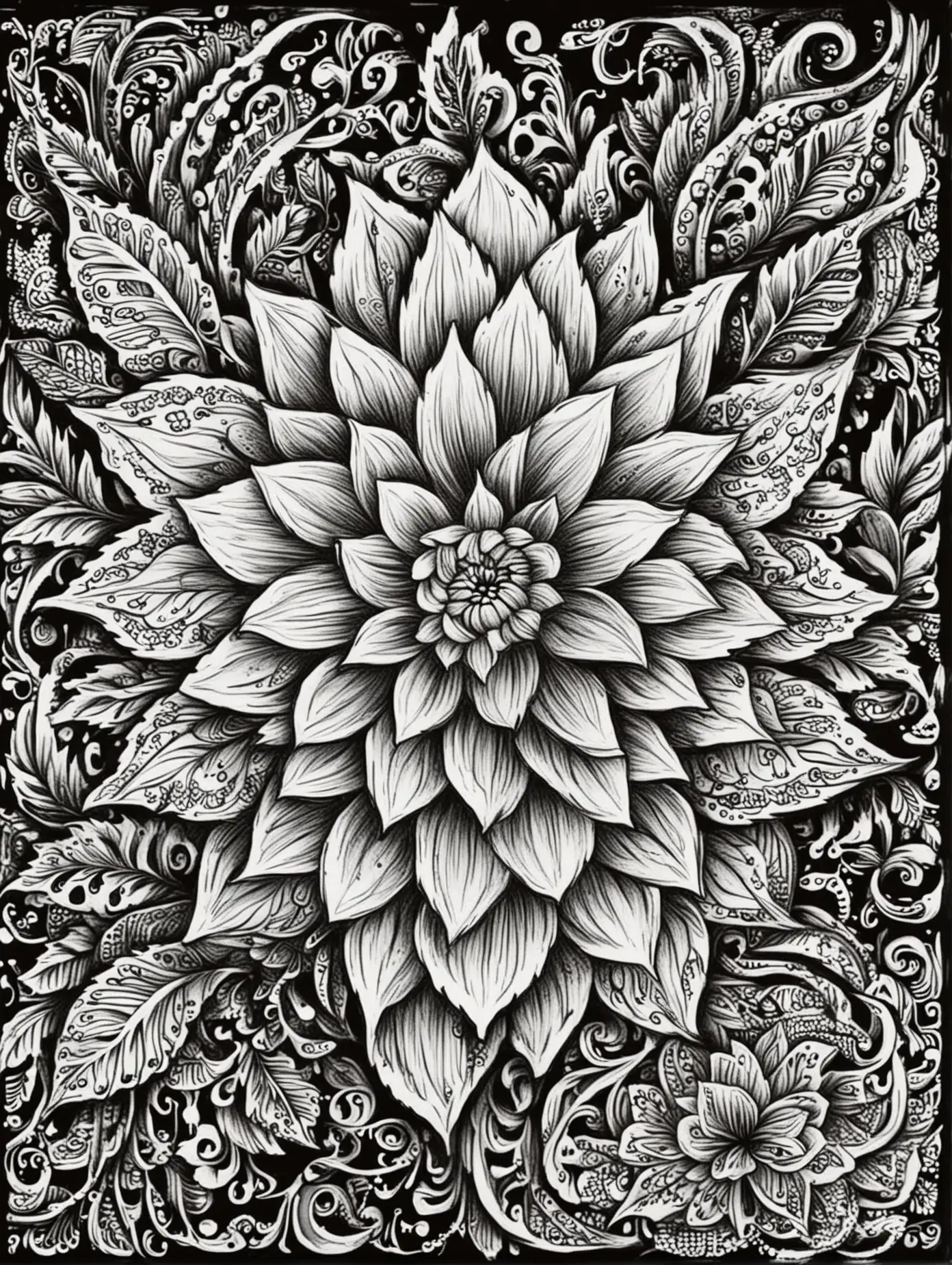 henna patterns , simple draw, no colors, dahlia flower background