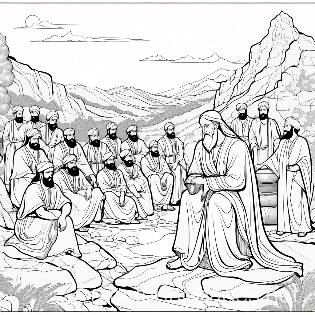 Old testament story of prophet Elijah & the prophets of Baal. Elijah sat on a stone and watched Prophets of baal kneeling and bowing around an altar made of stone at Mount Carmel, white and black, simplistic, white background, colouring image, Coloring Page, black and white, line art, white background, Simplicity, Ample White Space.