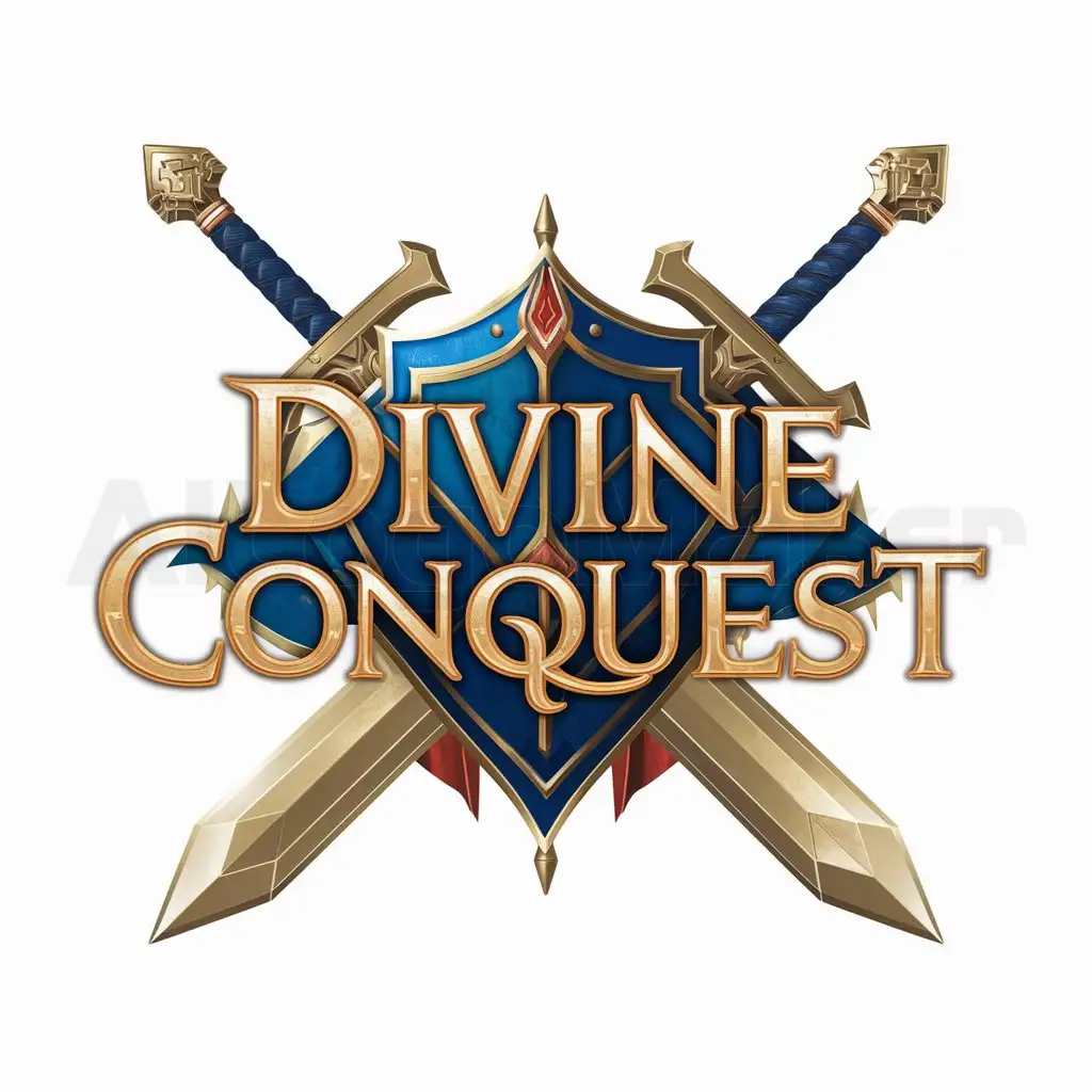a logo design,with the text "Divine Conquest", main symbol:golden sword with a shield blue and gold and write 'Divine Conquest',complex,be used in Jeu Video industry,clear background