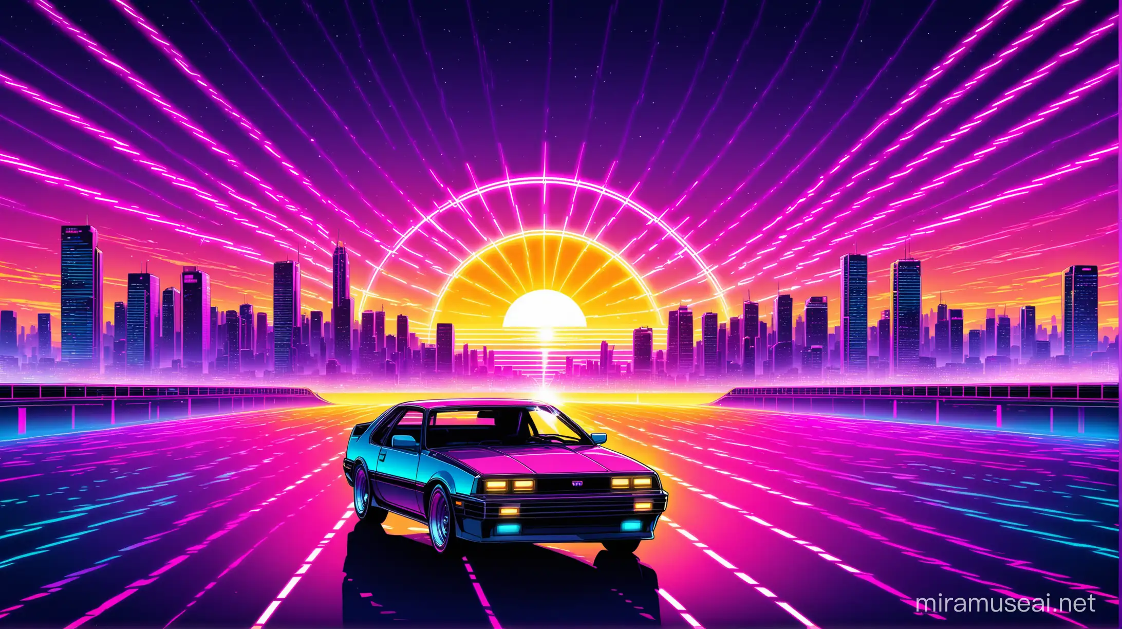 Retro Synthwave Car Cruising Through Sunlit City