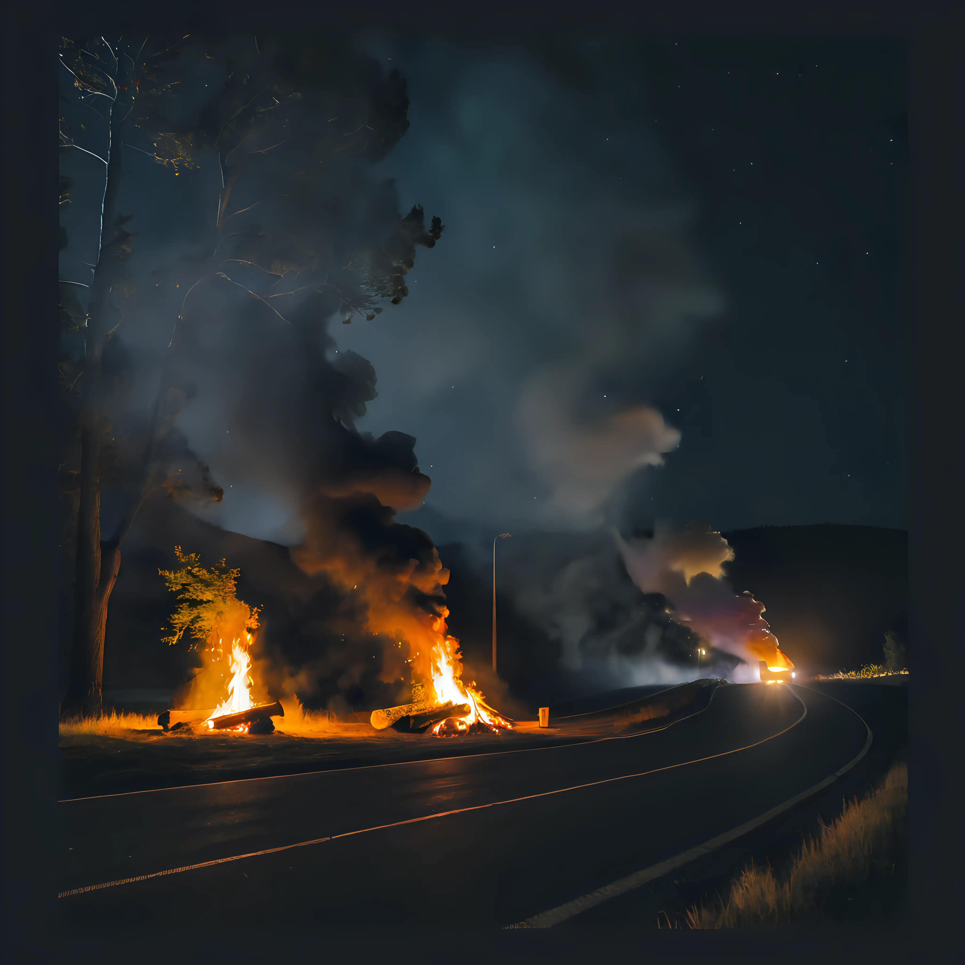 At night, with no cars, a roaring fire blazes by the side of the road, with the number 7 seen in the smoke.