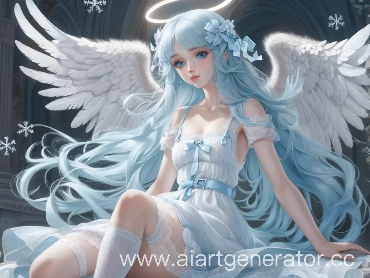 A girl of attractive appearance, about 25 years old. Sky blue long hair, wild, slightly curly hair with lots of white bows in it. White glowing halo. Pale green eyes, thin nose, plump pink lips, pale skin, chubby cheeks. Light lace white dress with a pale blue floral print. On her feet are white lace knee socks and pale blue shoes. Thin waist, wide hips and ample breasts. Thin wrists. Behind her are snow-white large angel wings with pale blue tips. She is Angel.