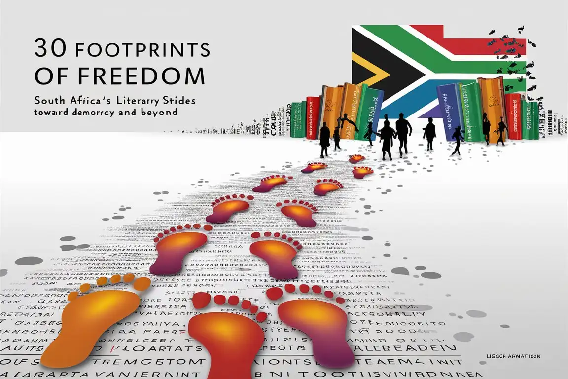 powerpoint presentation cover page, minimalistic children's book animation that showcases a path of visible 10 large vivid human footprints, each one representing a different literary theme or milestone coming from apartheid to modern South Africa and its flag and liberation, Title "30 Footprints of Freedom: South Africa's Literary Strides Towards Democracy and Beyond" silhouettes of the rainbow nations diverse community walking towards books designed with words and letters as they write and read books, white infused