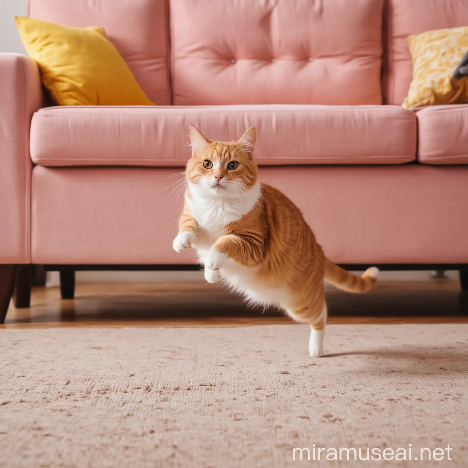Кошка прыгает с дивана на пол. Розовые и желтые тона