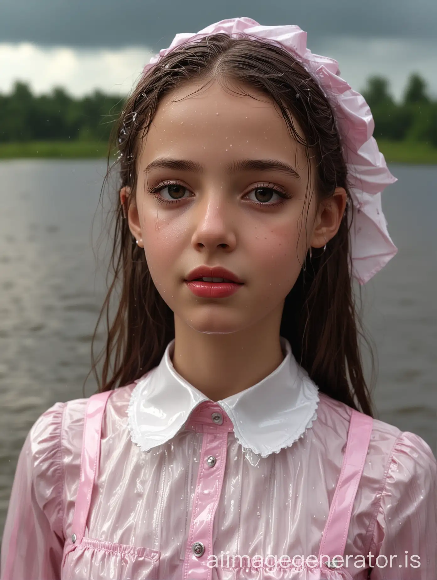 hyperrealistic image in the highest quality. little 9 year old jewish ultraorthodox girl. extremely skinny. extremely white skin. darkbrown eyes. mouth wide open. lips extremely shiny by a lot of the shiniest red lipgloss. she is stepping out of a lake in heavy summer rain. face, hair and clothes are totally wet by the rain. mouth is filled with rain. she is wearing an extremely shiny latex sweet lolita outfit. striped in pink and white. shiny latex shirt. long puffy sleeves. collared and fully closed up. shiny latex ribbon over the collar. big shiny latex ribbon in the hair. short but wide latex skirt. she wears a shiny latex pinafore over shirt and skirt. shiny pantyhose, shiny patent leather shoes. she wears no jewellery. no elements of stones or metal.