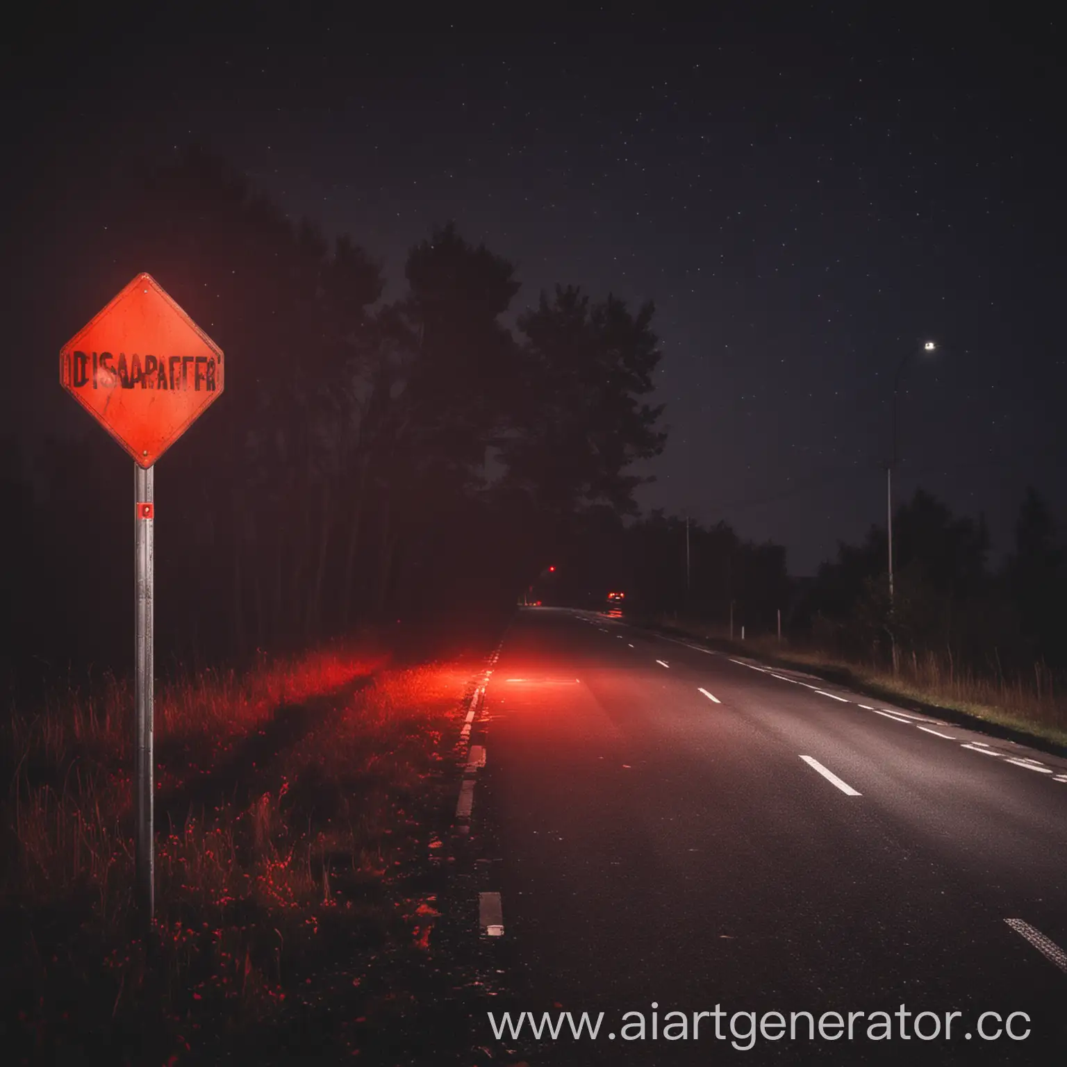 ночная дорога с красным свечением справой стороны дорожный знак с надписью (Disappear)
