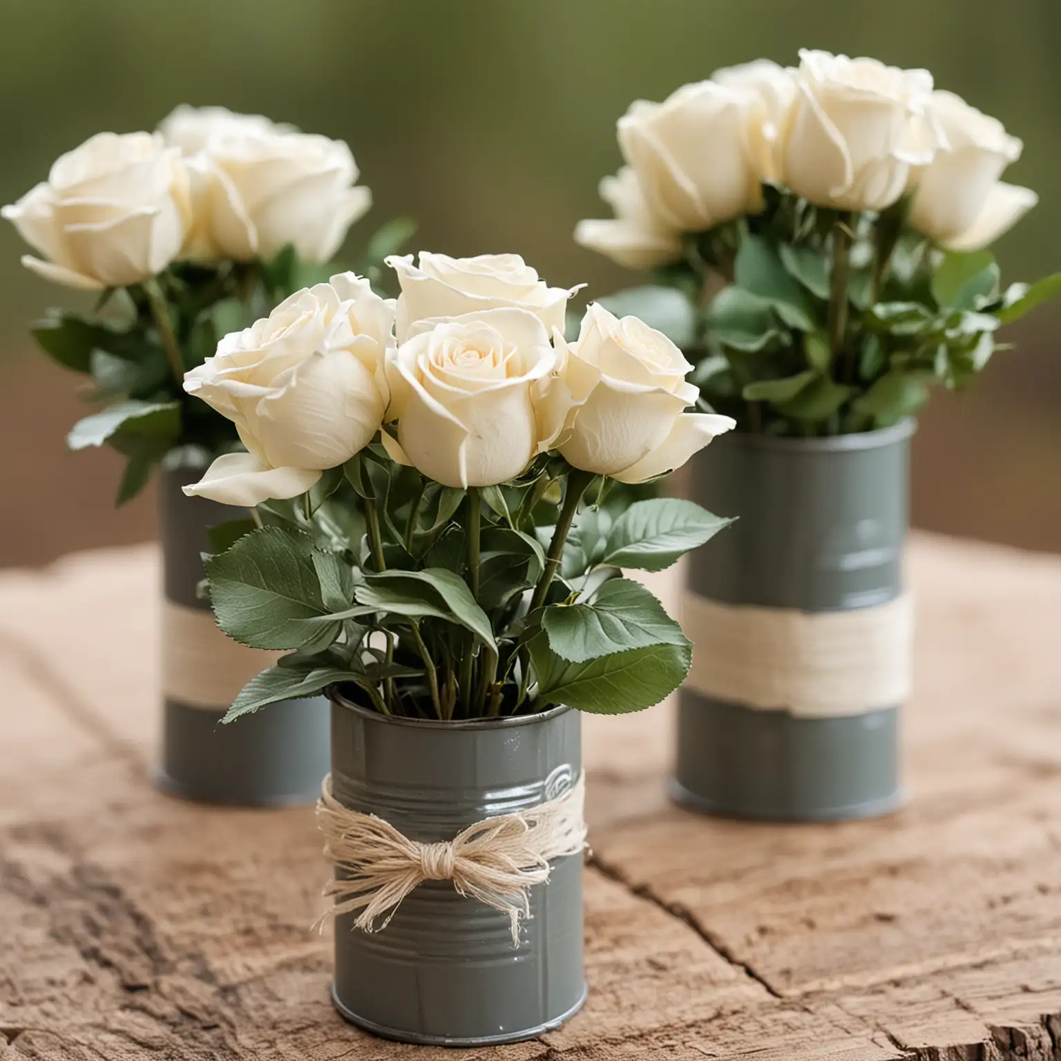 simple rustic wedding centerpieces with tin cans painted woodland colors holding a small ivory rose bouquet with greenery