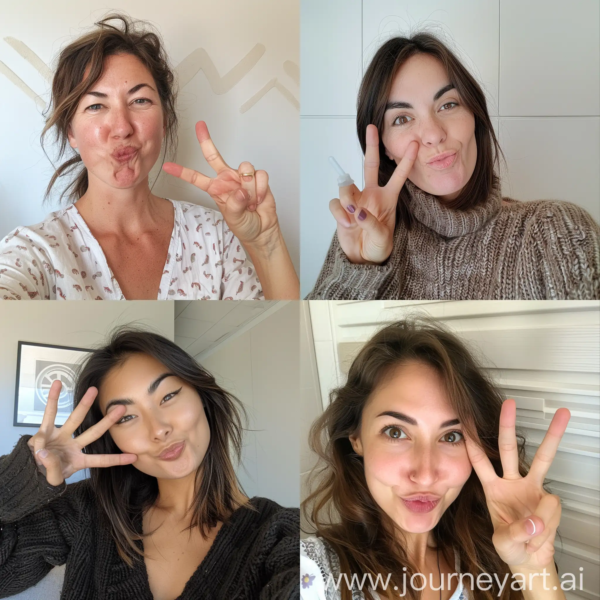 Playful-Woman-Taking-Selfie-with-Peace-Sign-and-Silly-Face