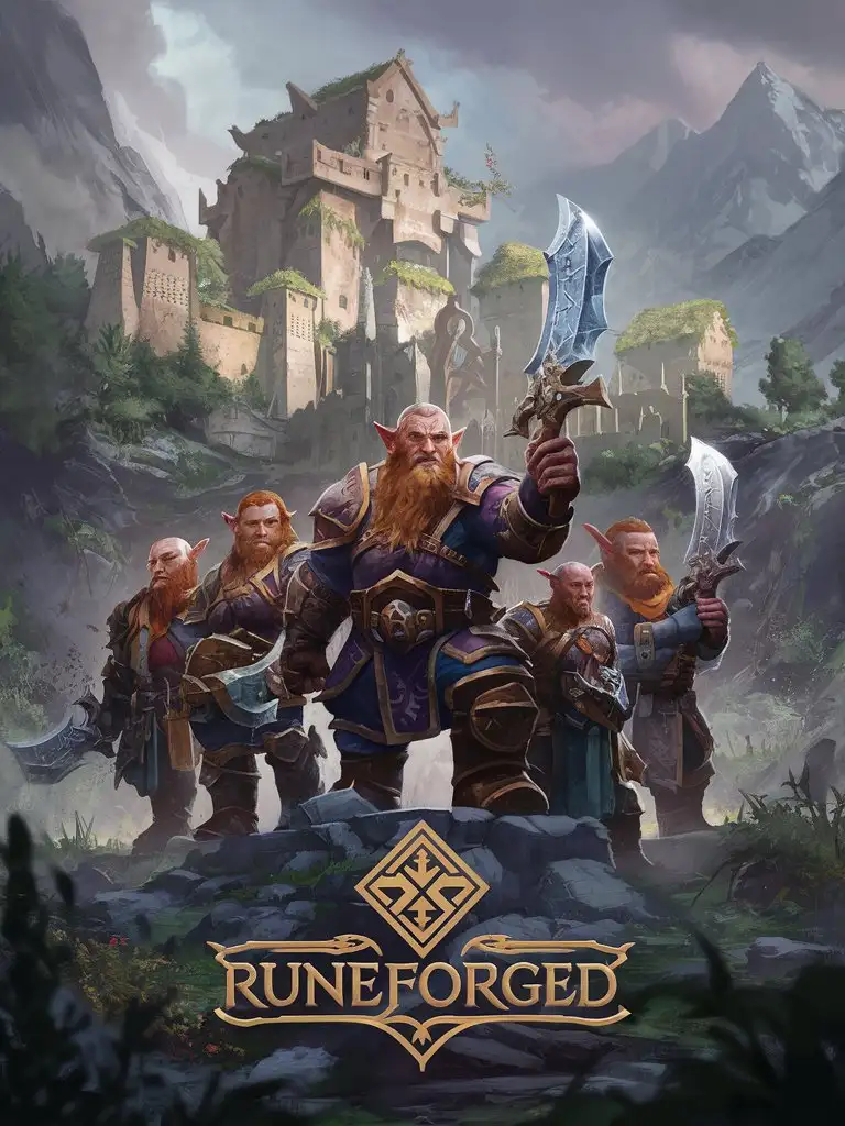 STYLIZED GAME ART WITH LOGO ONLY "RUNEFORGED" world of warcraft dwarves, dwarf adventurers, ancient dwarven ruins, dwarven forge, legendary rune forge, rune engraved armor and weapons, legendary bladesmith, Dwarf stronghold, rugged mountains, lush wilderness, hinterlands