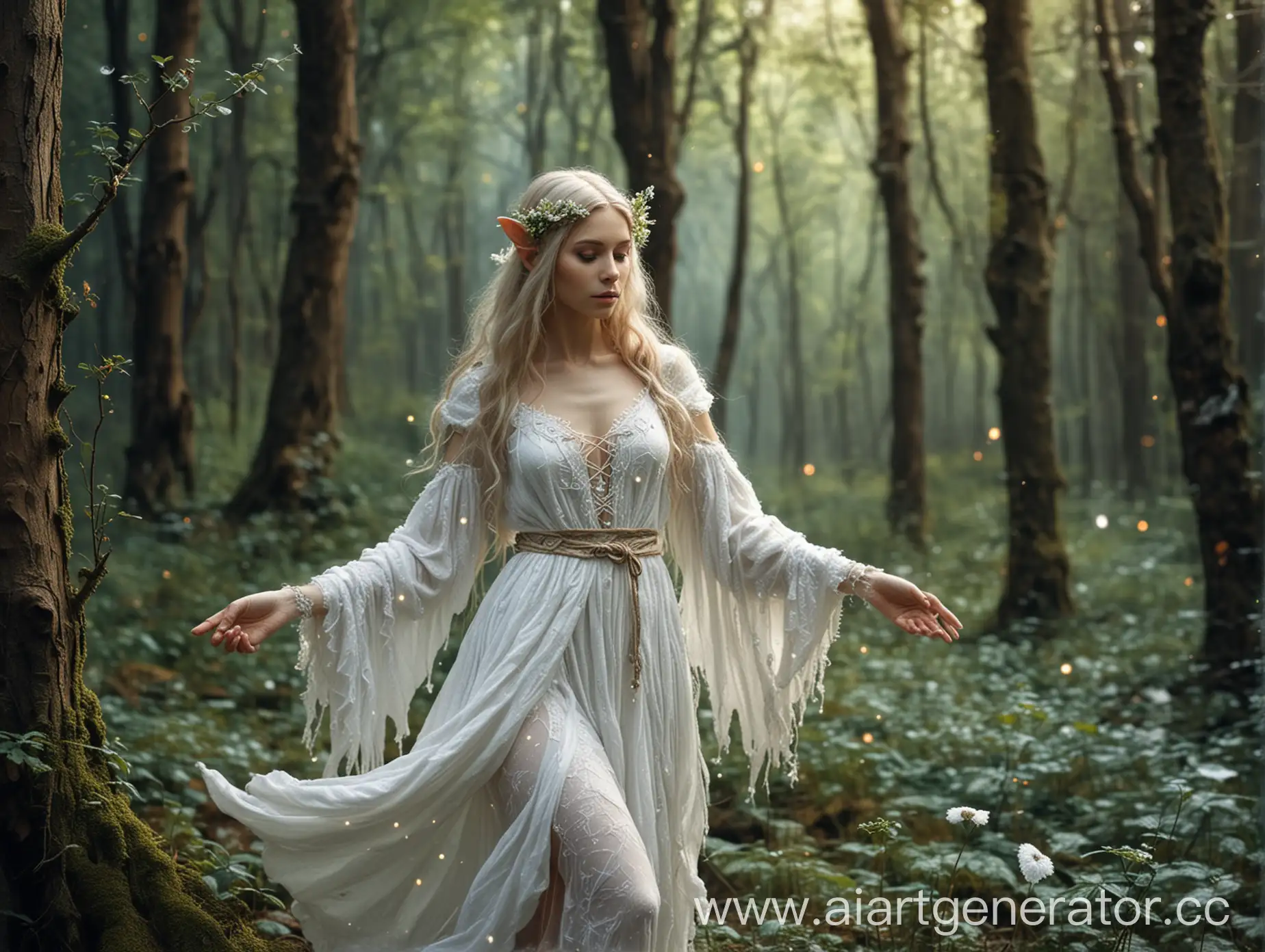 Forest elf in in a white fluffy dress. Art
located in the elven forest. casts a white spell with his hands. there are small magical flashes around her