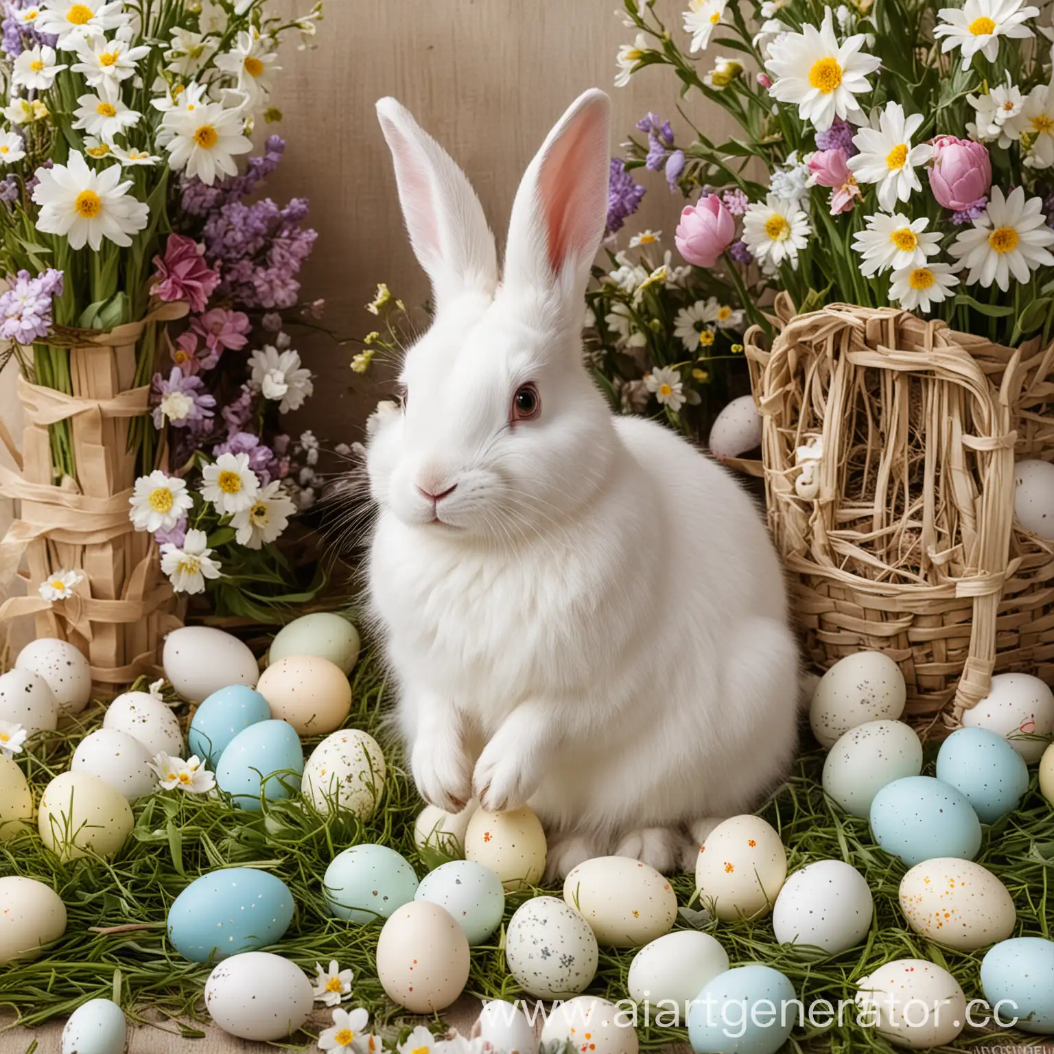 белый заяц, пасха, яйца, цветы 