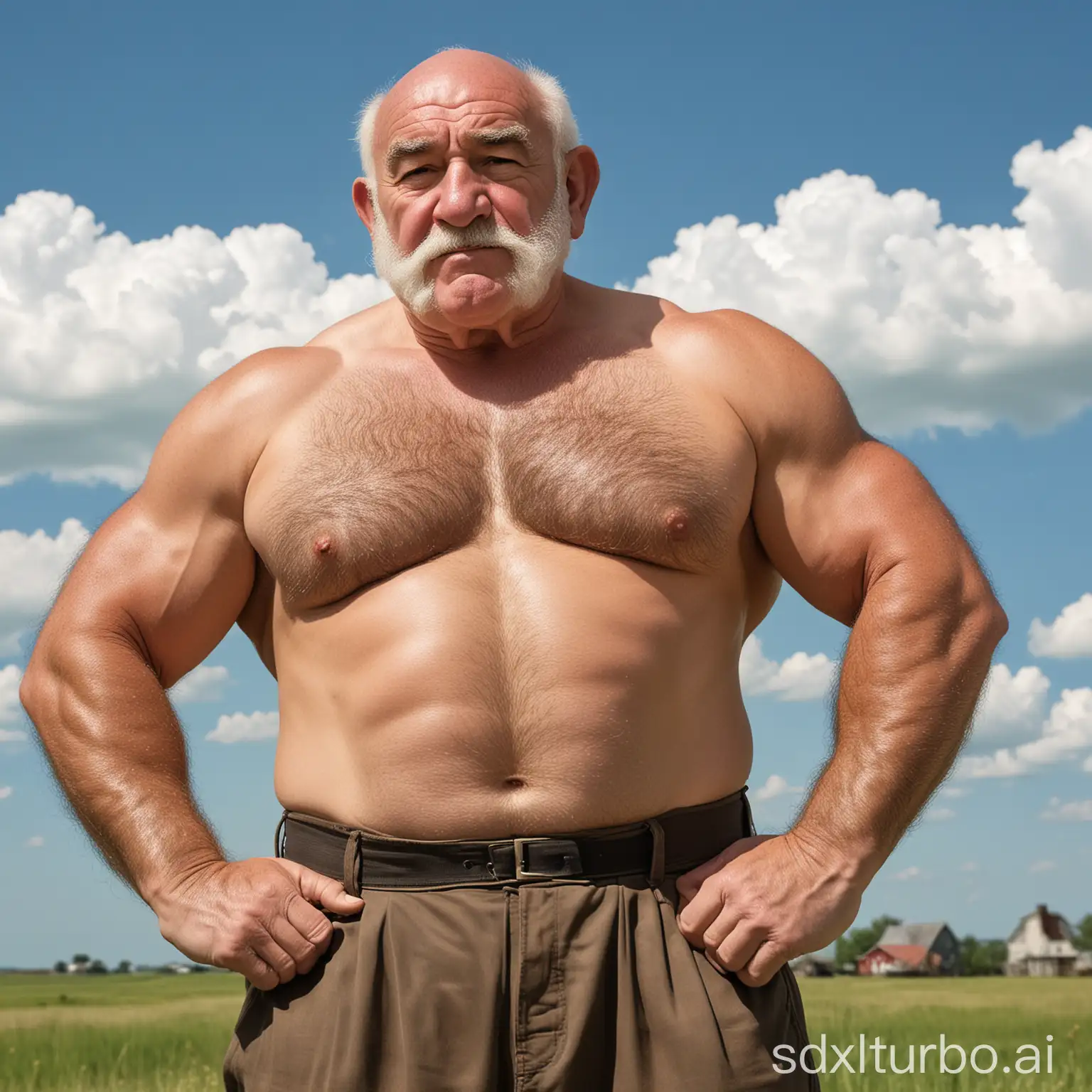 Ed Asner plays a strongman farmer!! sideways angle of extremely muscular shirtless and hairy Ed Asner. He takes many steroids and becomes 9 times bigger than Zangief!!  in color, beside him, HQ color photo. Hirsute physique. the background is a farm on a summer day, blue skies and big puffy clouds.