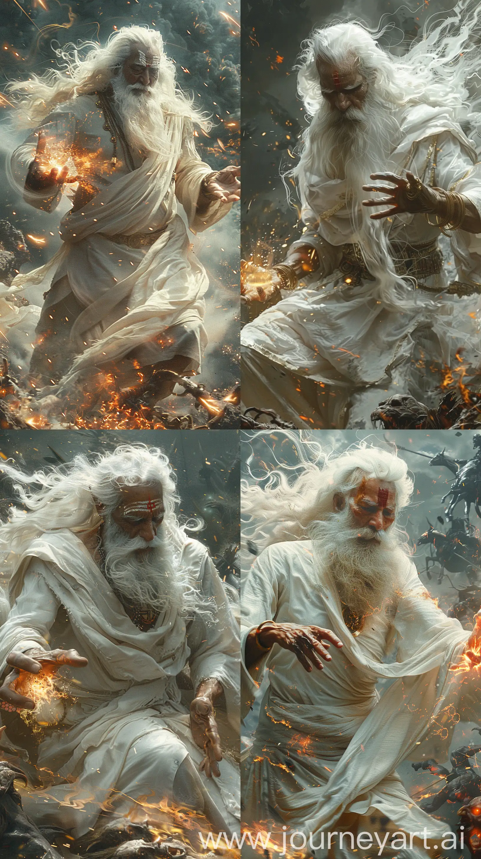Elderly ancient Indian sage, white attire, flowing long white hair and beard, battlefield backdrop, reviving fallen demons with glowing hands, magical aura, richly intricate details, ethereal high-res imagery, spiritual intensity --s 399 --ar 9:16 --v 6