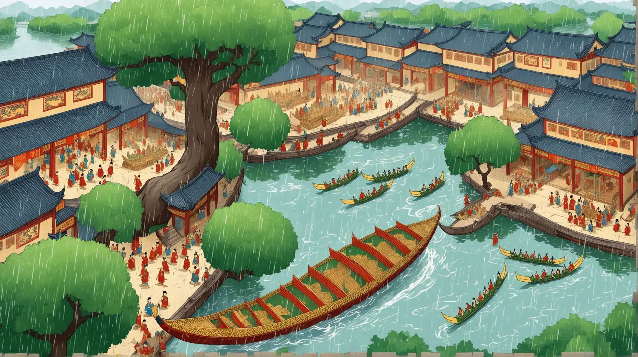 Ancient SShaped Layout Dragon Boat Festival in Song Dynasty Village